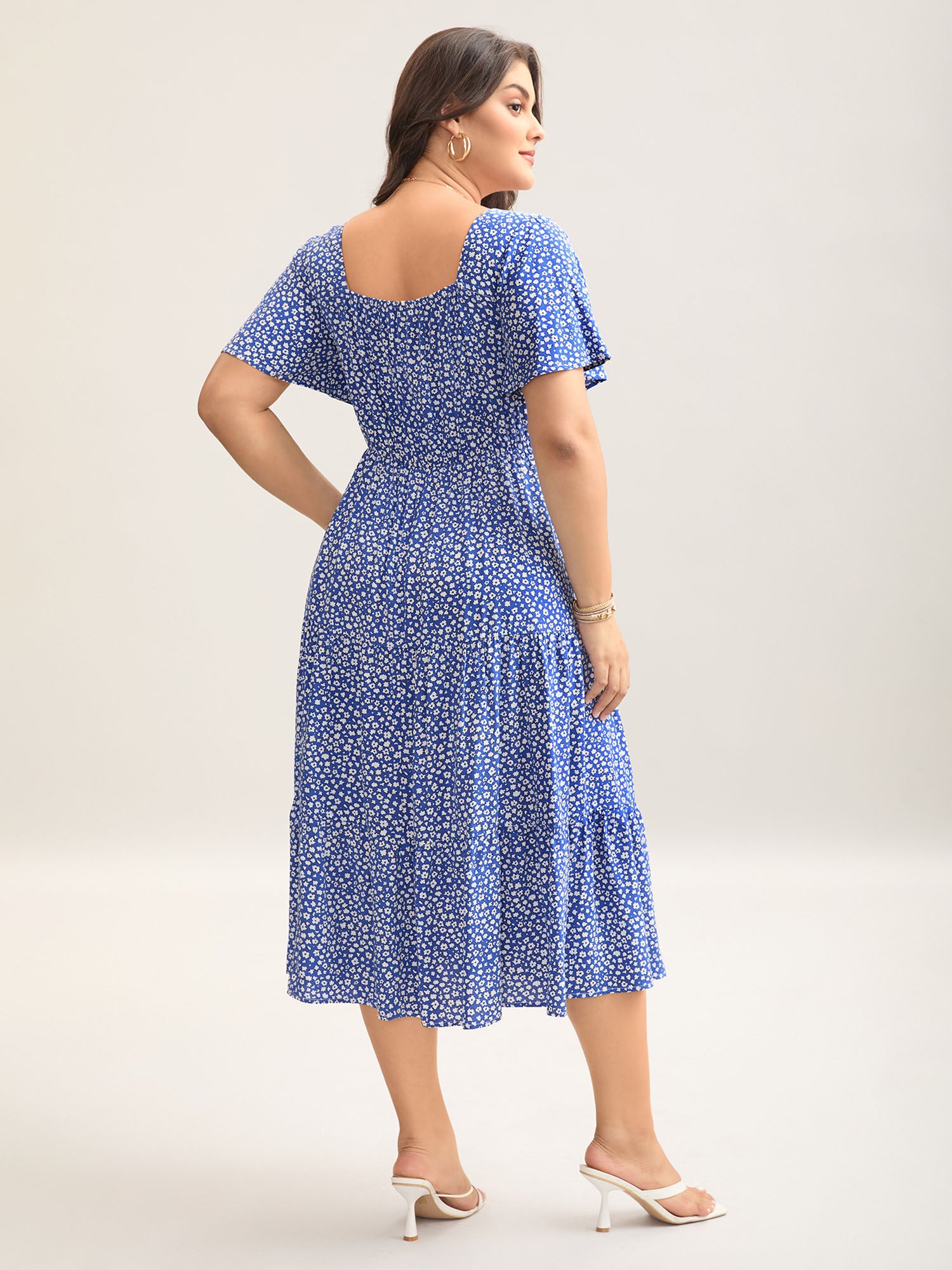 Ditsy Floral Sweetheart Drawstring Pocket Tiered Dress