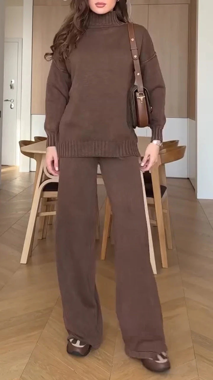 Women Turtleneck Sweater + Pants Solid Color Casual Suit
