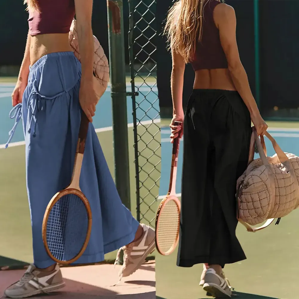 Women's Loose Wide Leg Track Pants Boho Sport Style Drawstring Pockets Elastic Waist Capri Hiking