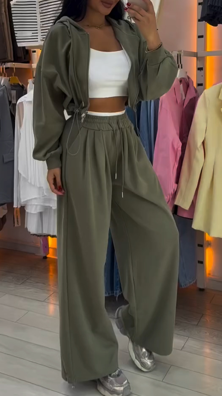 Womens Round Neck Zipper Cardigan + Drawstring Pants Casual Set