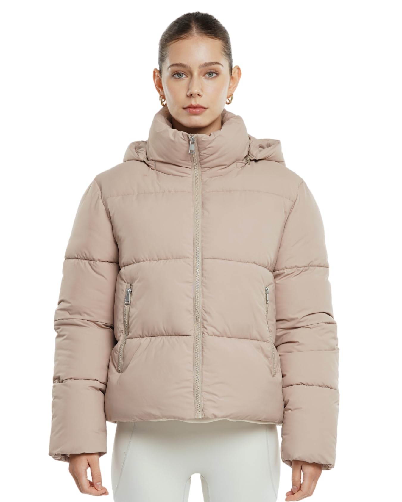 WarmCore Premium Short Puffer Jackets with Removable Hood & Optional Faux Fur Linging, Lady Casual Outerwear Longsleeves Zip Pockets Warm Quilted Coat