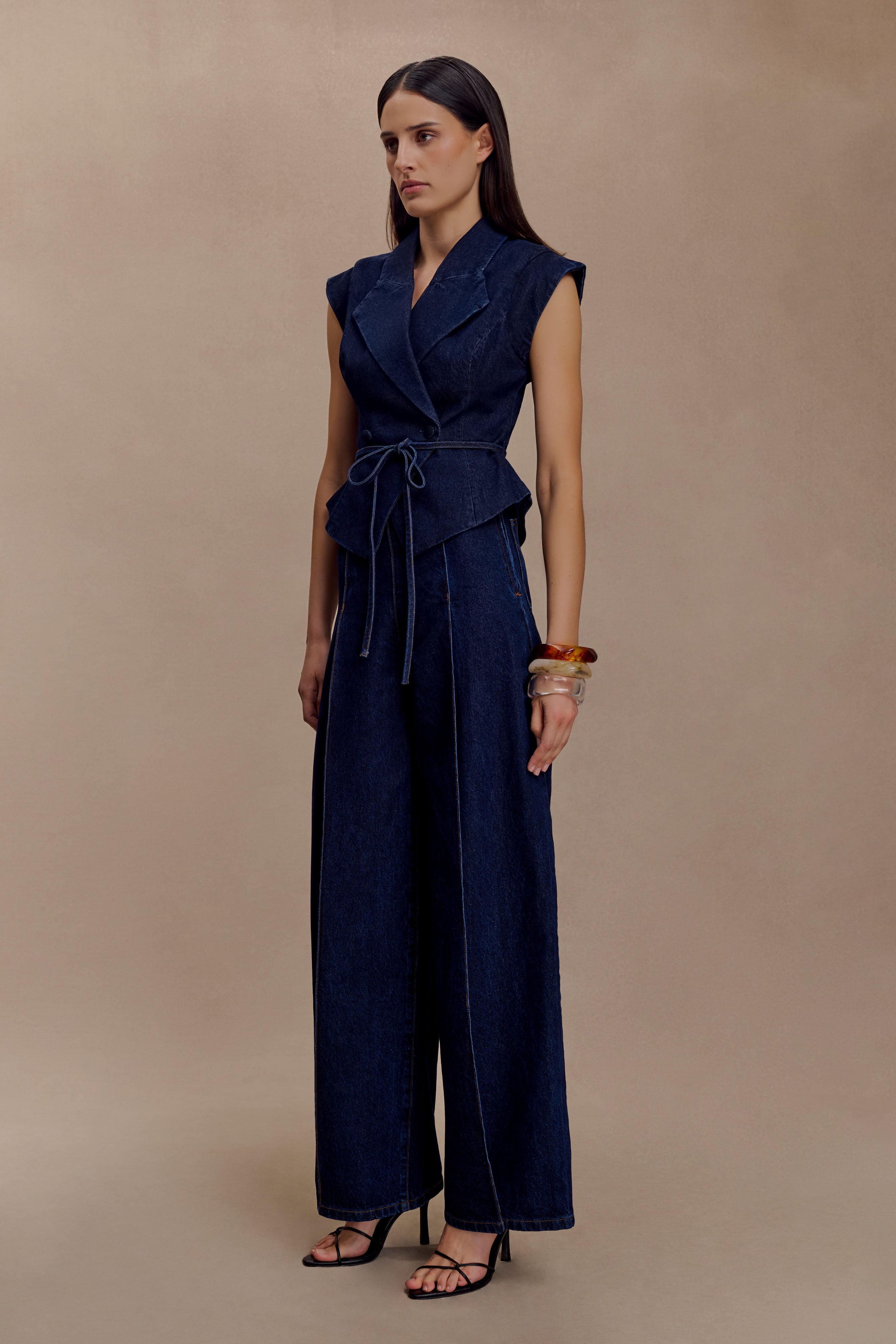 Blue Structured Tie Denim Top