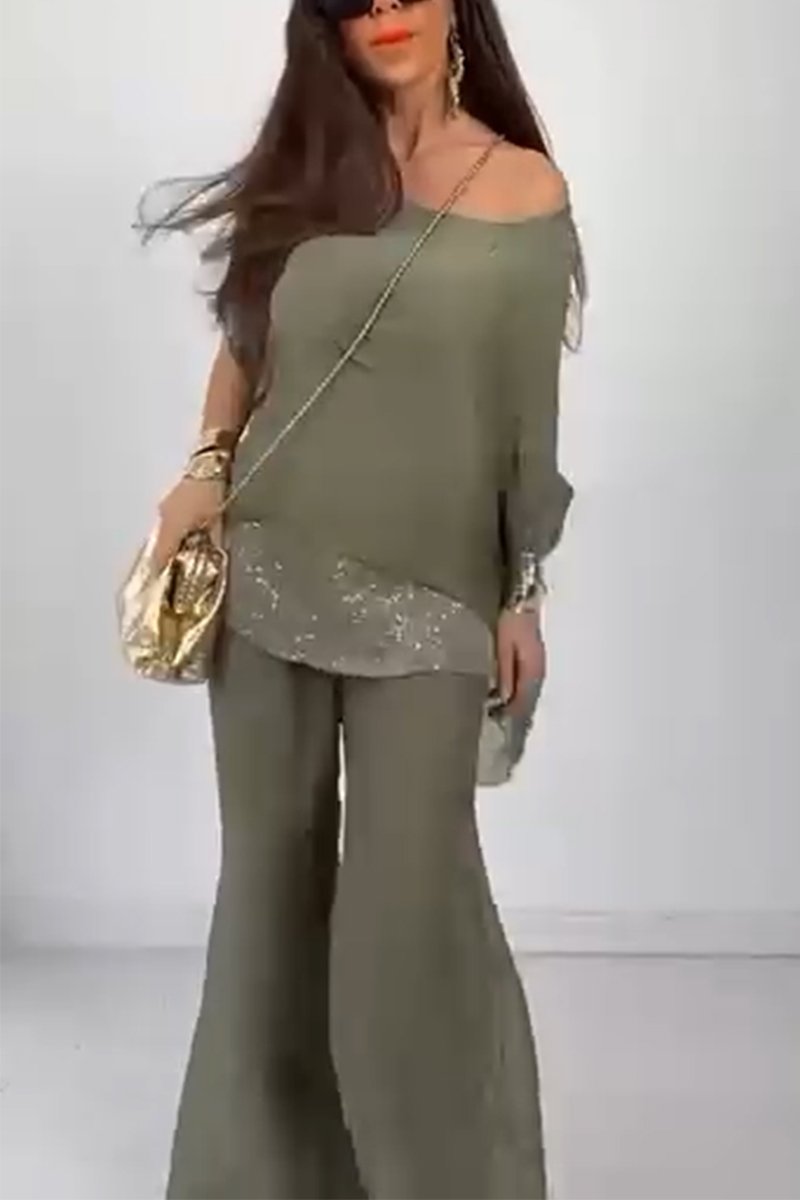 Women's casual sequined chiffon top & casual chiffon stretch pants