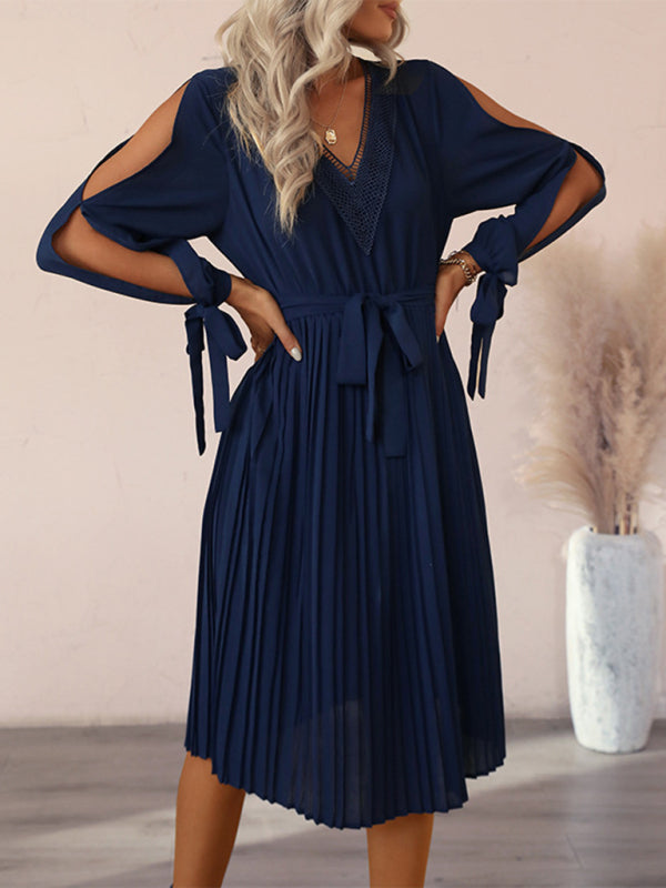 Hollow-Out Long-Sleeve Skirt Pleated V-Neck Lace Panel Dress