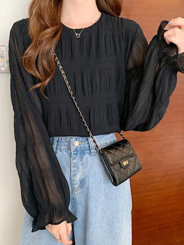 Pleated Solid Color Flared Sleeves Loose Round-Neck T-Shirts