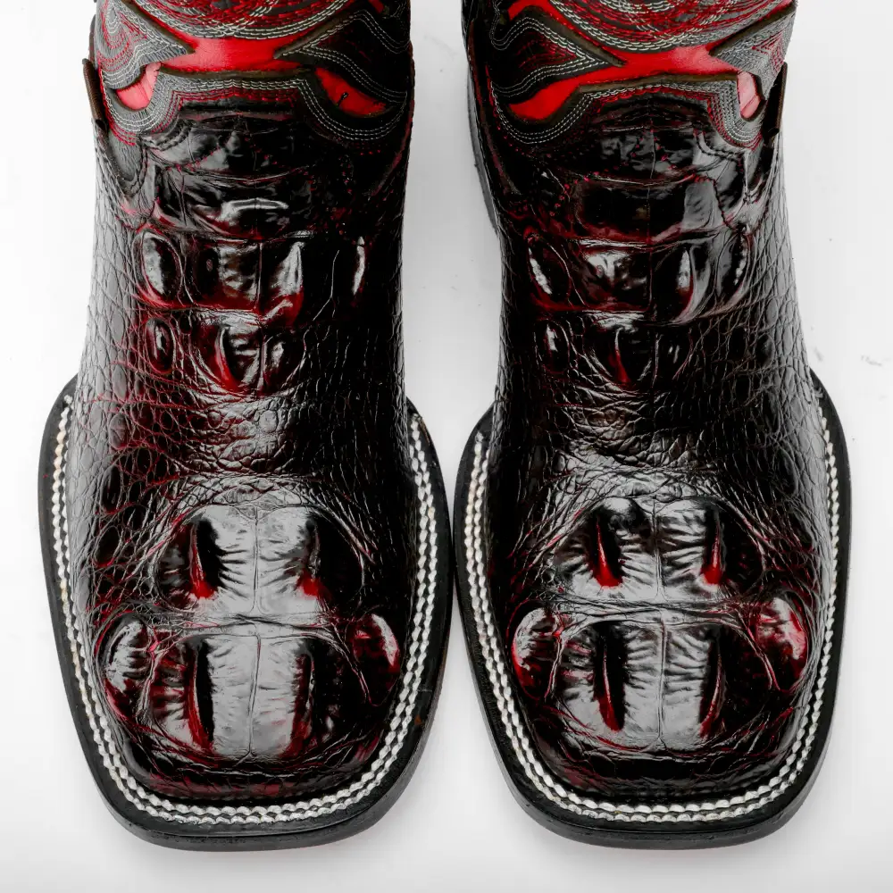 Black Cherry Giant Caiman Neck Leather Boots - Square Toe
