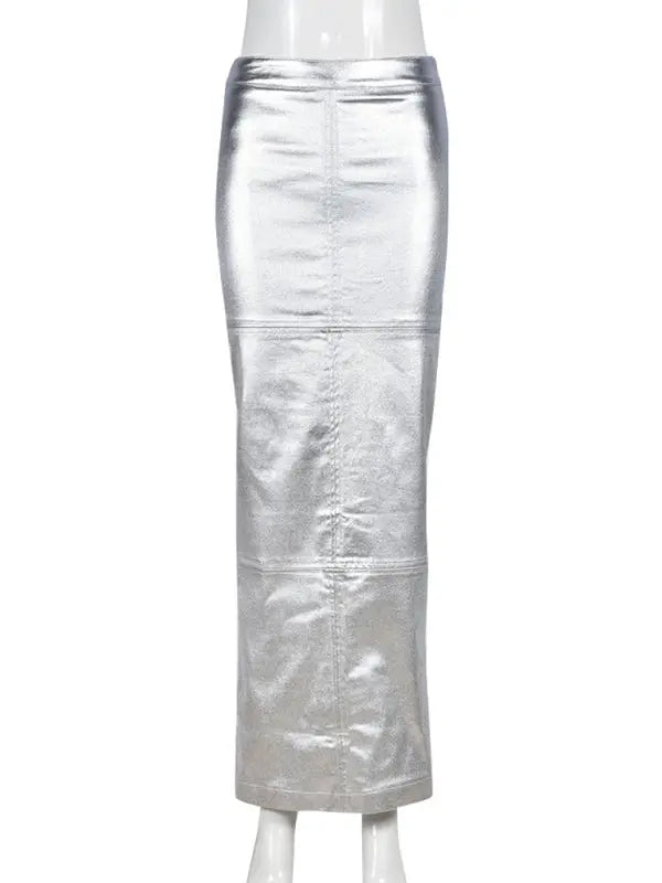 Spliced Slit Slim Fit PU Leather Maxi Skirt - xelpri