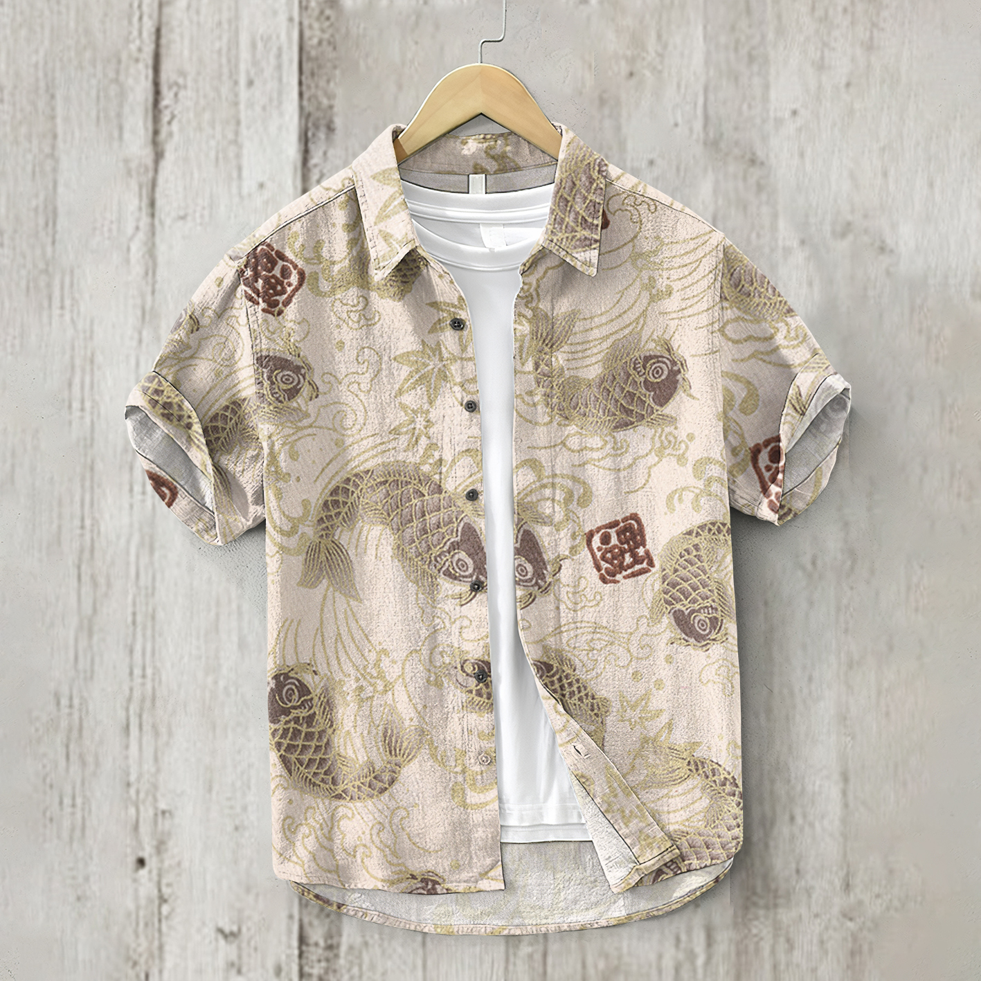 Vintage Japanese Art Koi Pattern Linen Blend Cozy Shirt