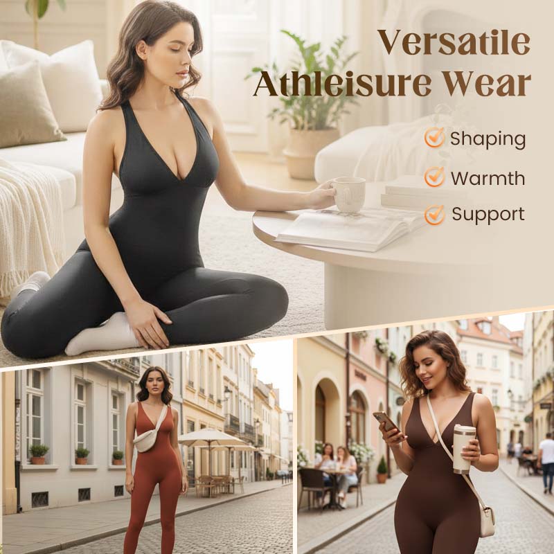 💞50K+ SOLD!🌸High-Stretch V-Neck Jumpsuit – All-day ease for fitness & beyond. Breathable, flexible & effortlessly chic. Your go-to for movement. 🧘‍♀️💫
