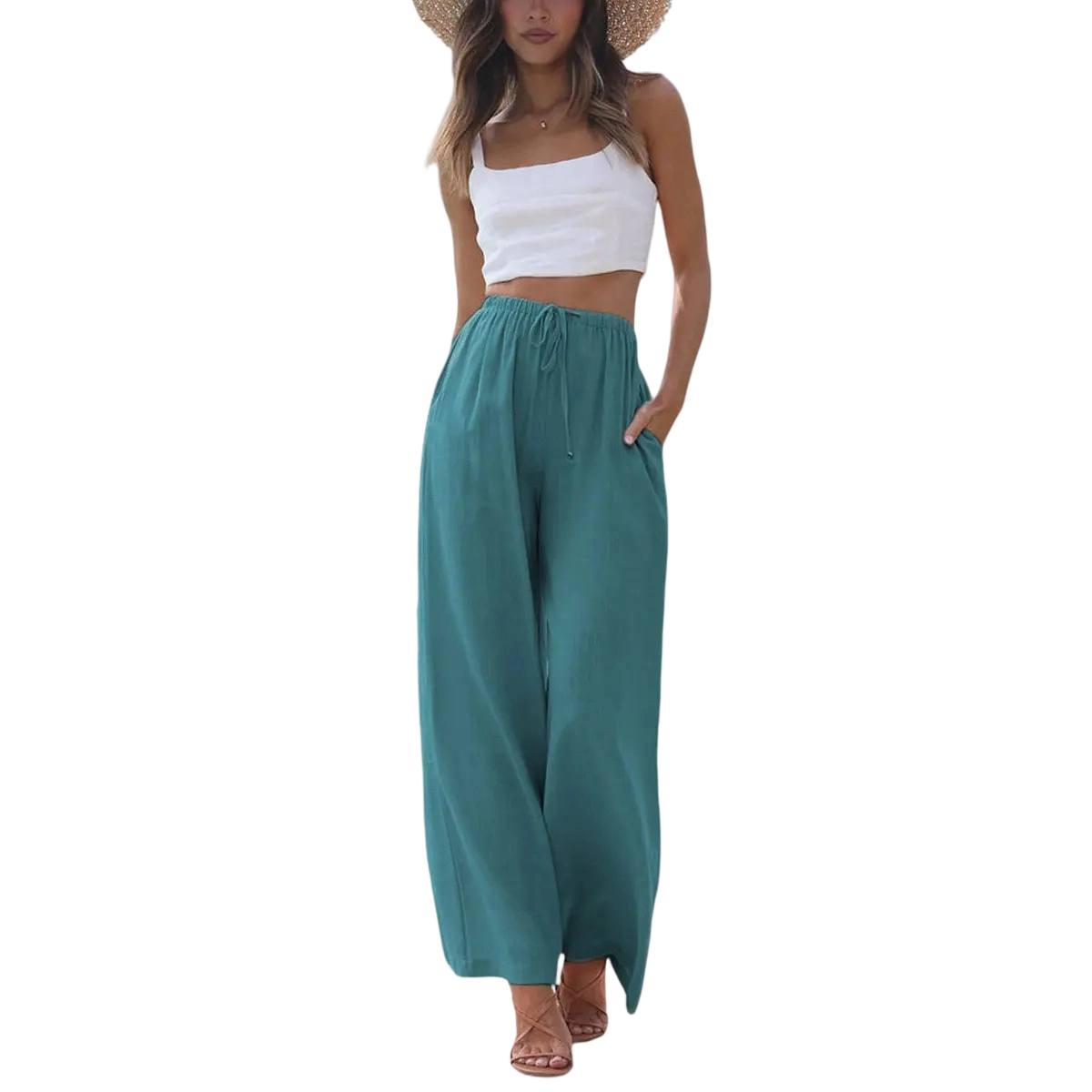 Women's Cotton Linen Summer Palazzo Pants Flowy Wide Leg Beach Trousers with Pockets Casual Womenswear