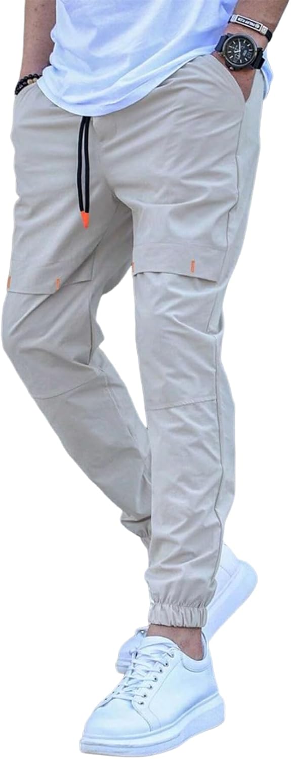 Mens Casual Basic Pants Multi-pocket Slim-fit Stretch Elastic Waist Drawstring Pants Tapered for Men