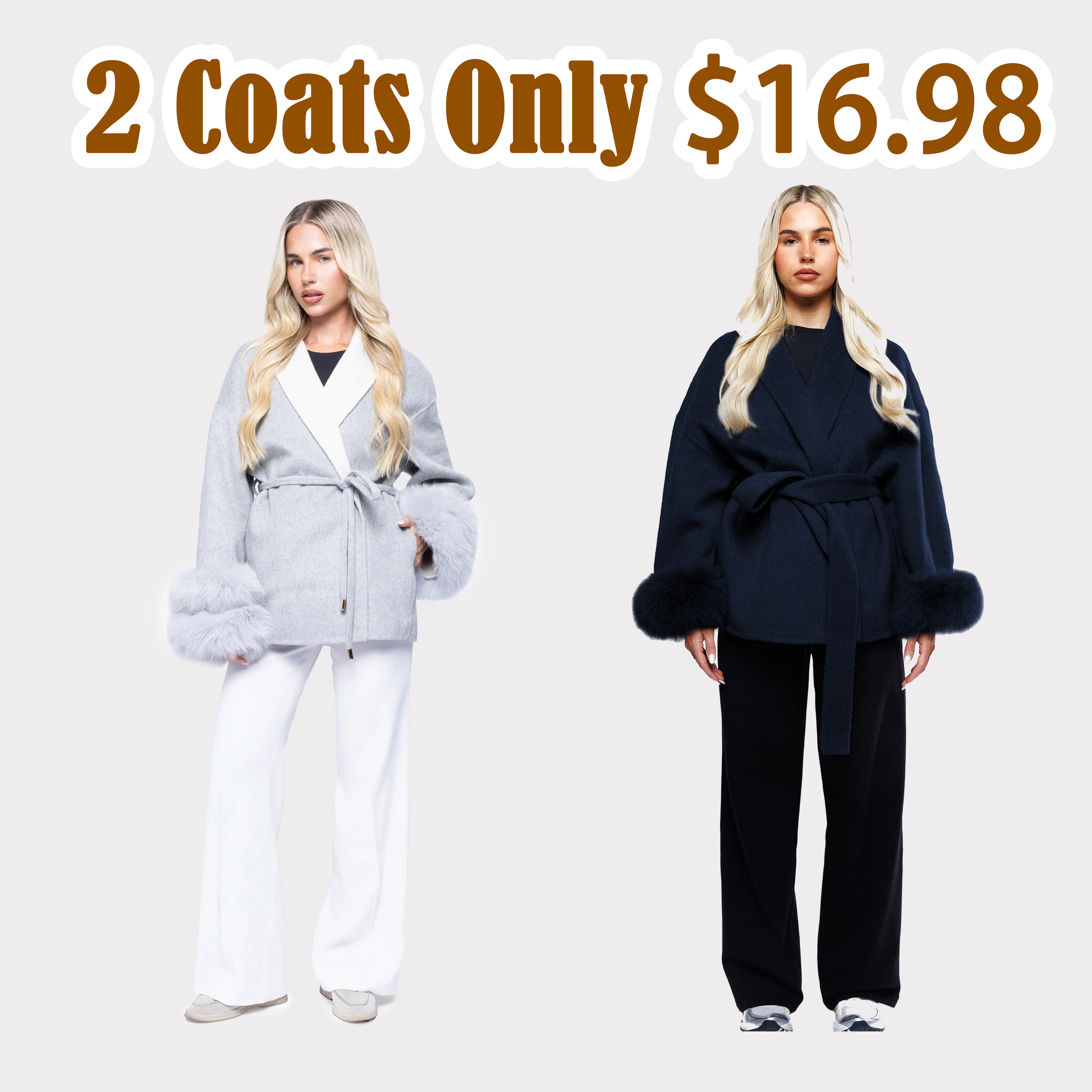 100% Wool - Short Coat - Luxury Detachable fox fur cuffs