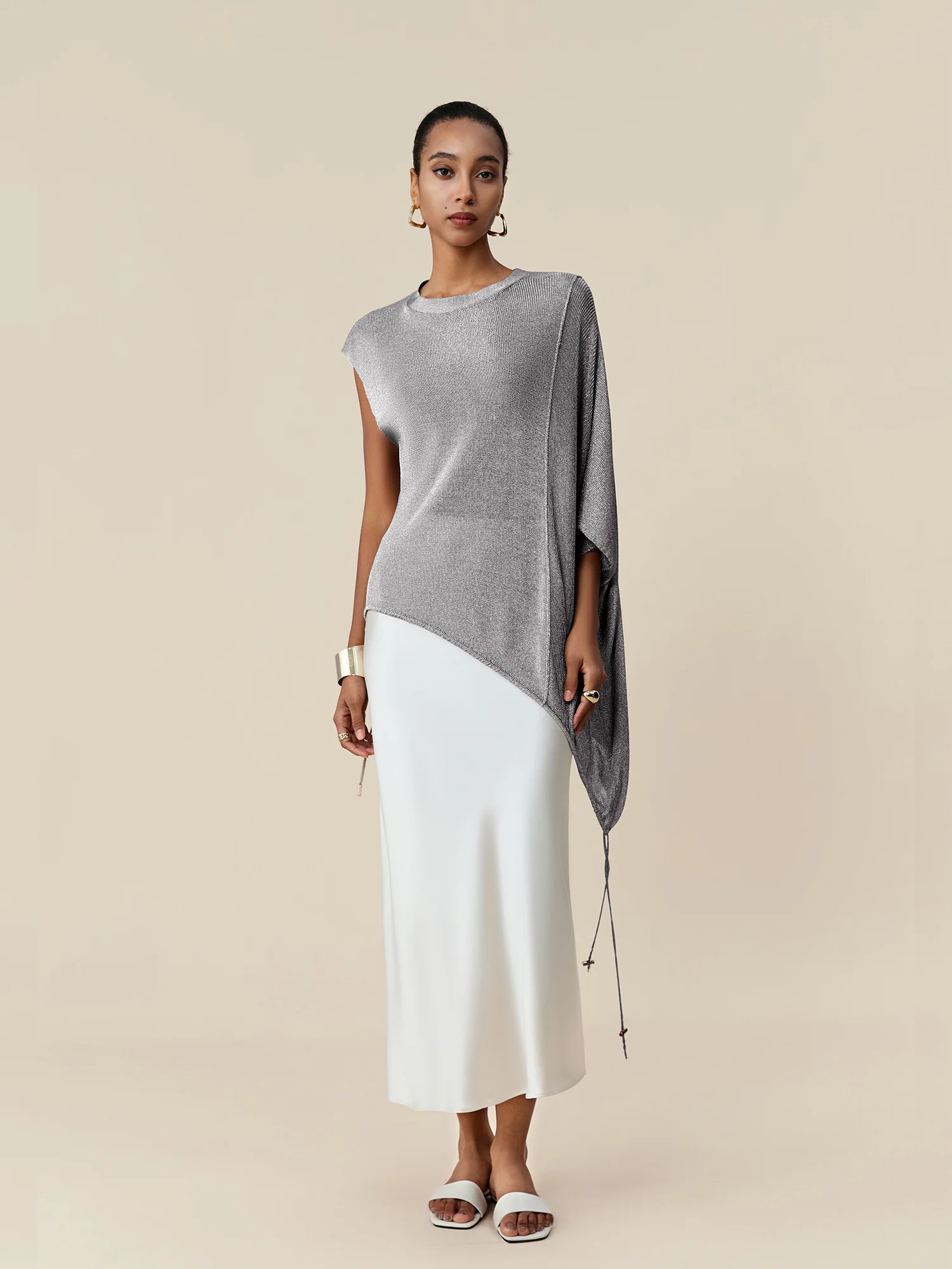 Round Neck Short Sleeve Drawstring Glitter Top