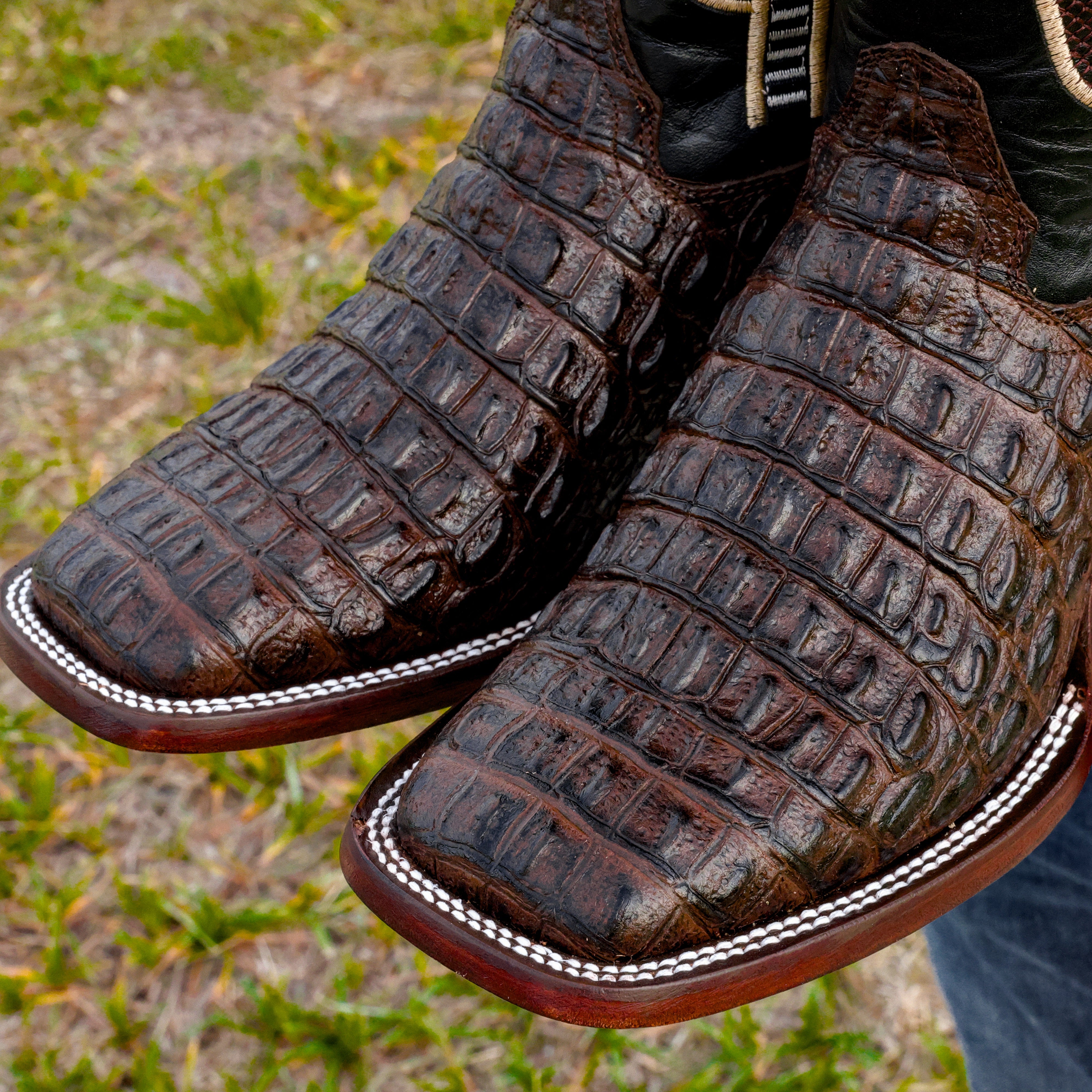 Brown Caiman Hornback Leather Boots - Square Toe