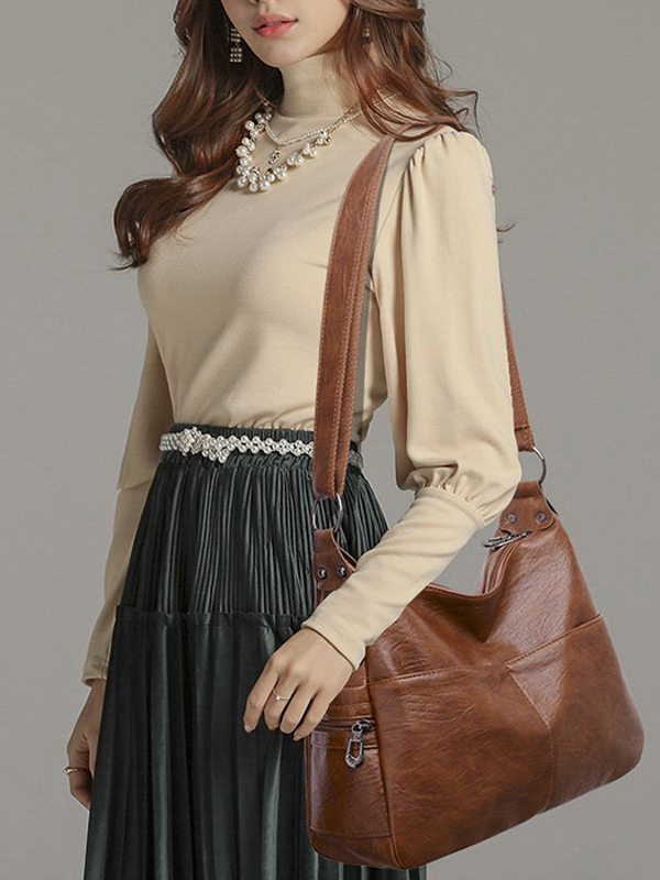 Vintage Solid Color Split-Joint Leather Shoulder Bag