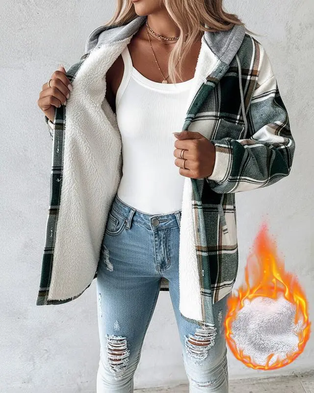 Women's Plaid Pattern Shacket  Hooded Jackets