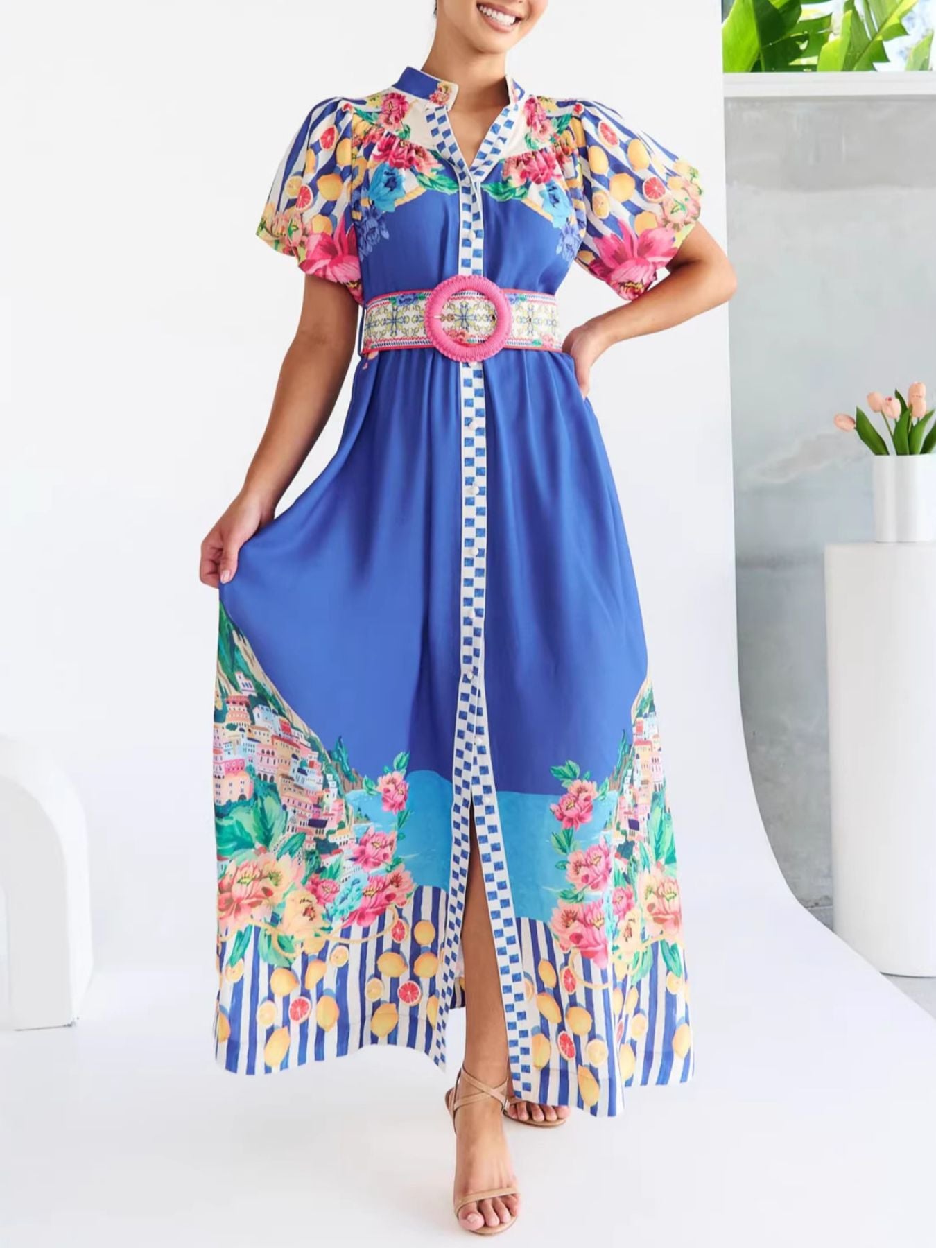 Printed Button Front Puff Sleeve Maxi Dress