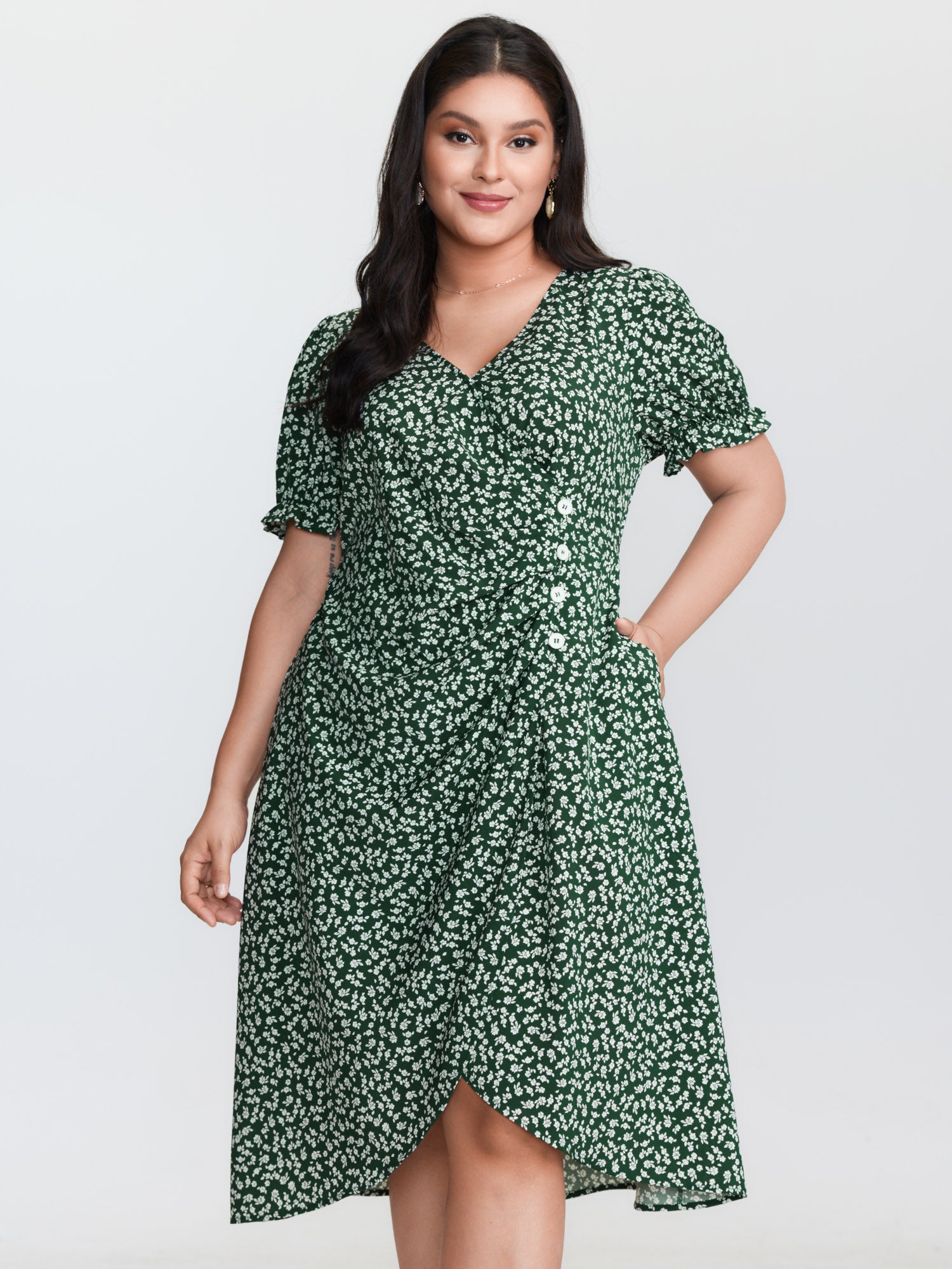 Micro Floral Print Ruched Button Detail Midi Dress