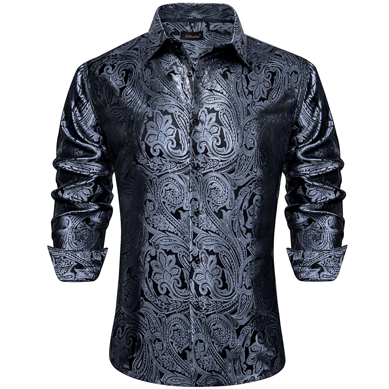 Men's Paisley Dress Shirt Long Sleeve Wrinkle Free Button Down Cowboy Shirts - Silver Black&paisley