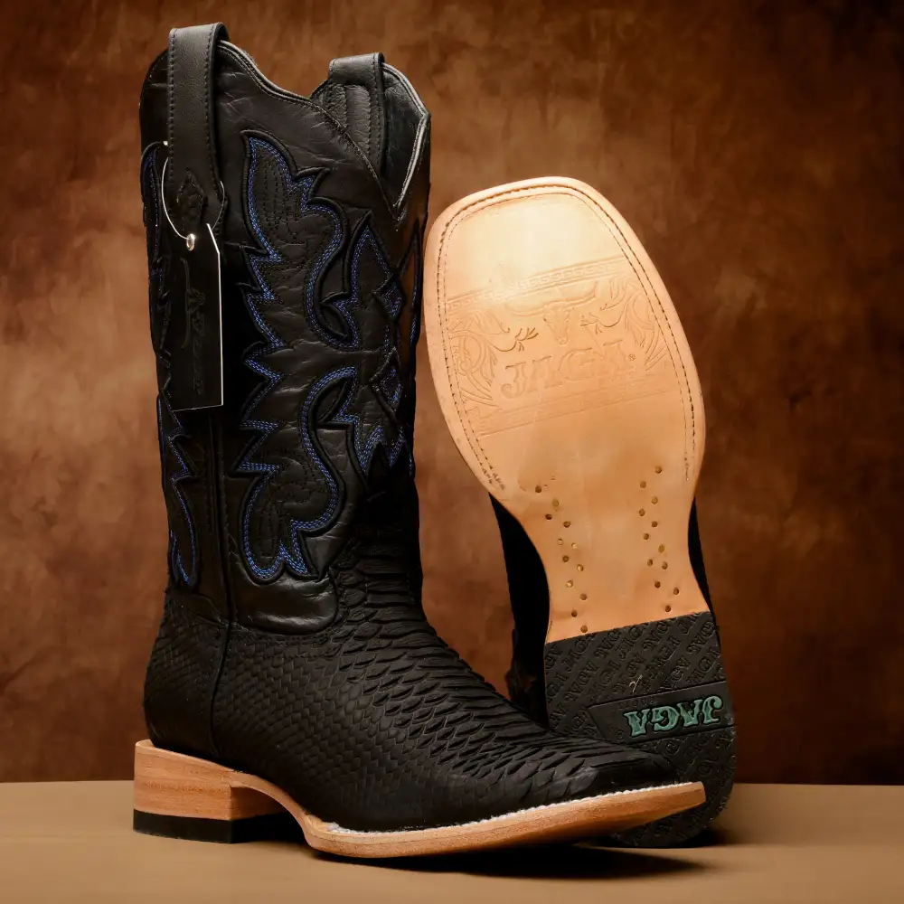 Matte Black Python Leather Boots - Square Toe