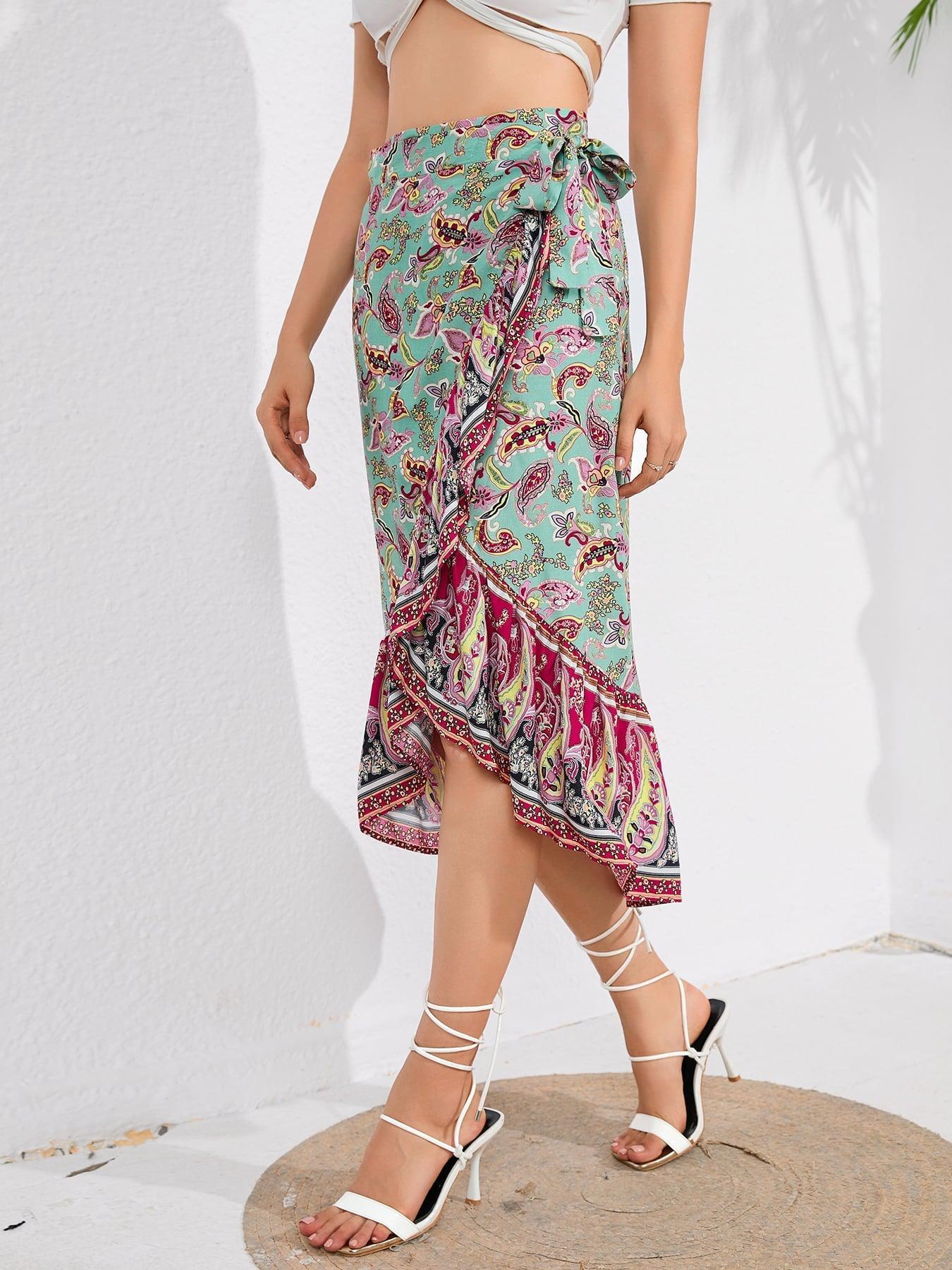 Bohemian Tie Waistband Flounce Hem Midi Skirt
