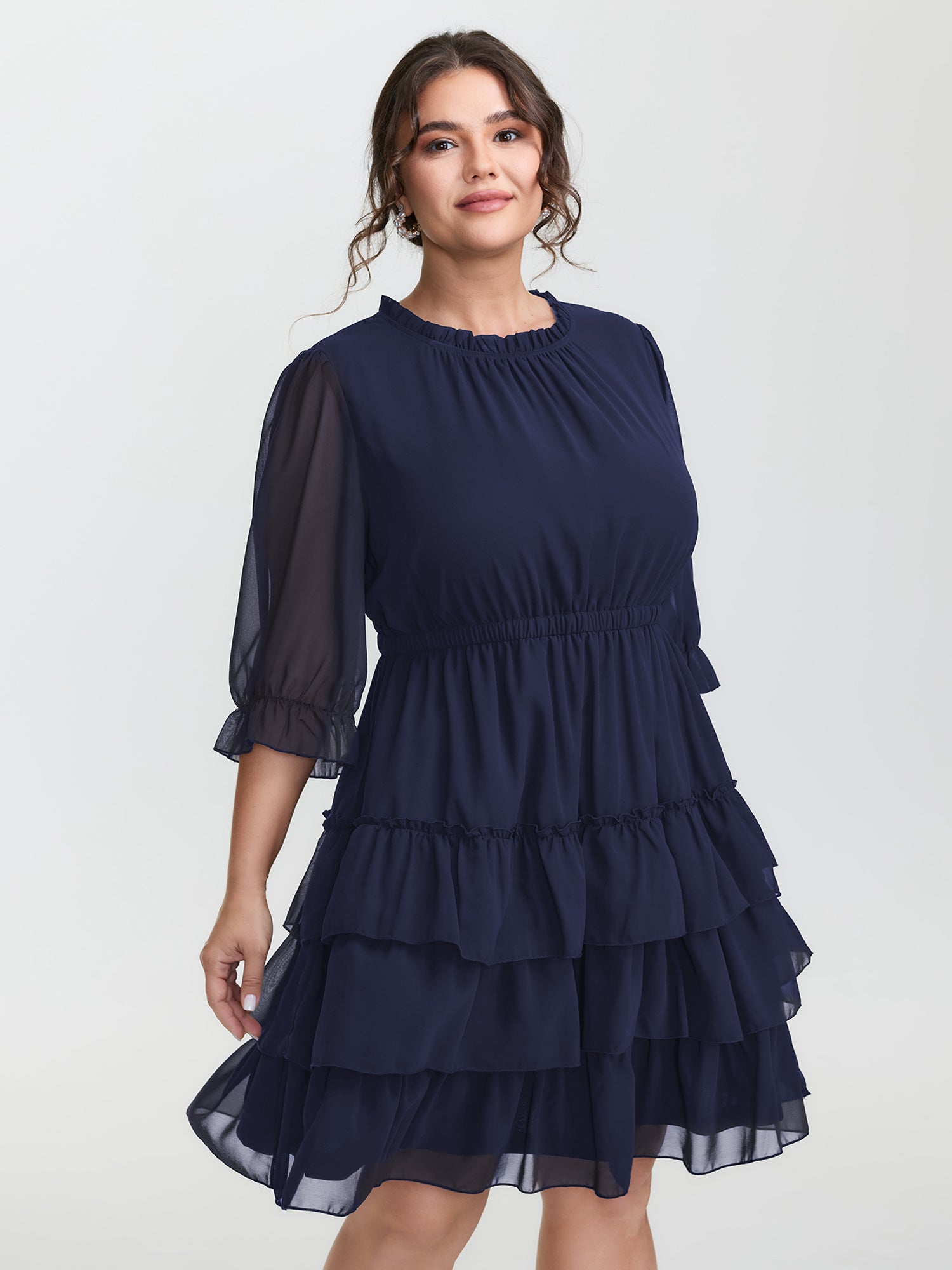 Three-Quarter Sleeve Tulle Skirt Knee-Length Dress