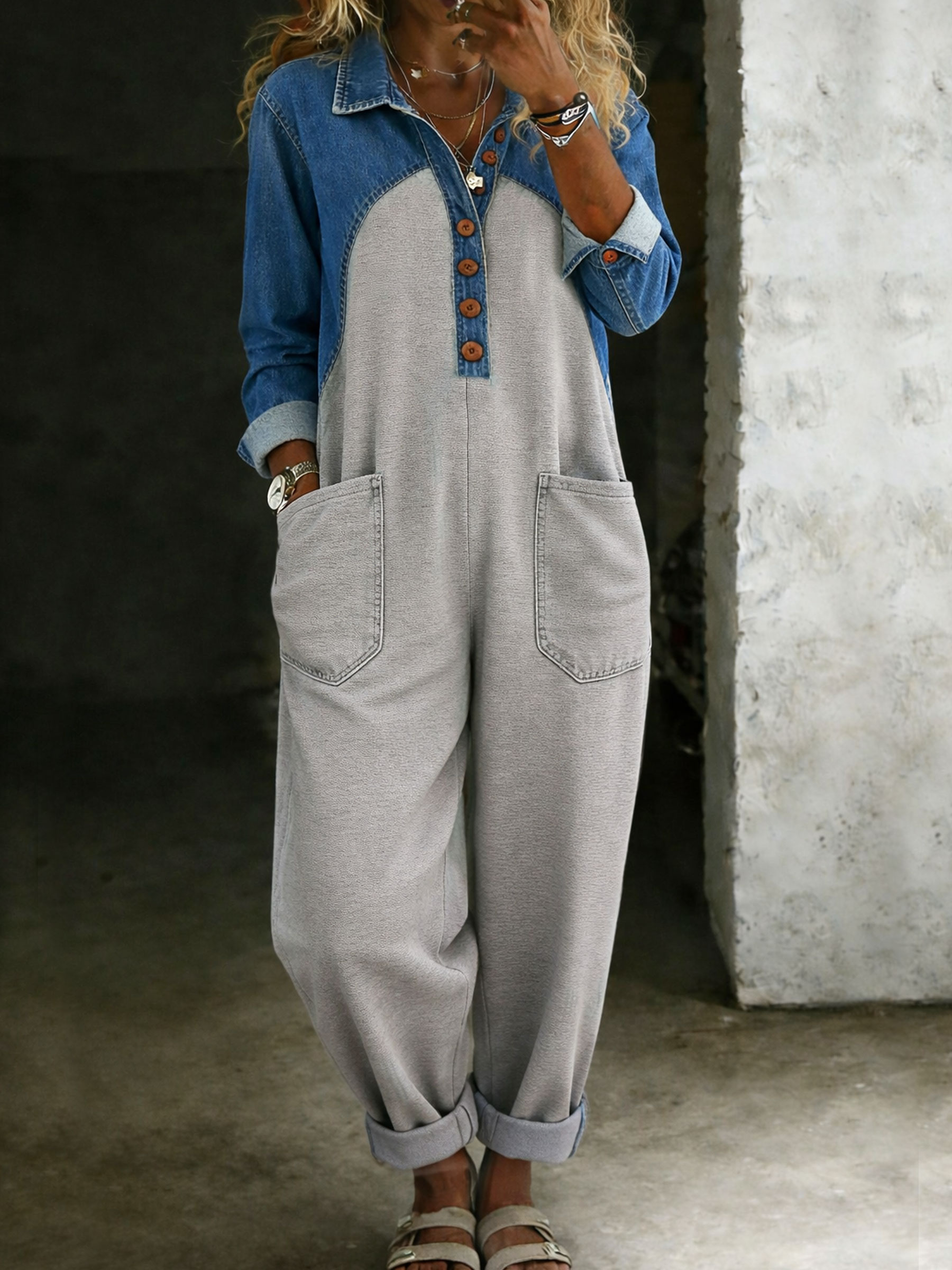 Women’s Color-blocking Combination One Piece Shirt Denim Jumpsuit