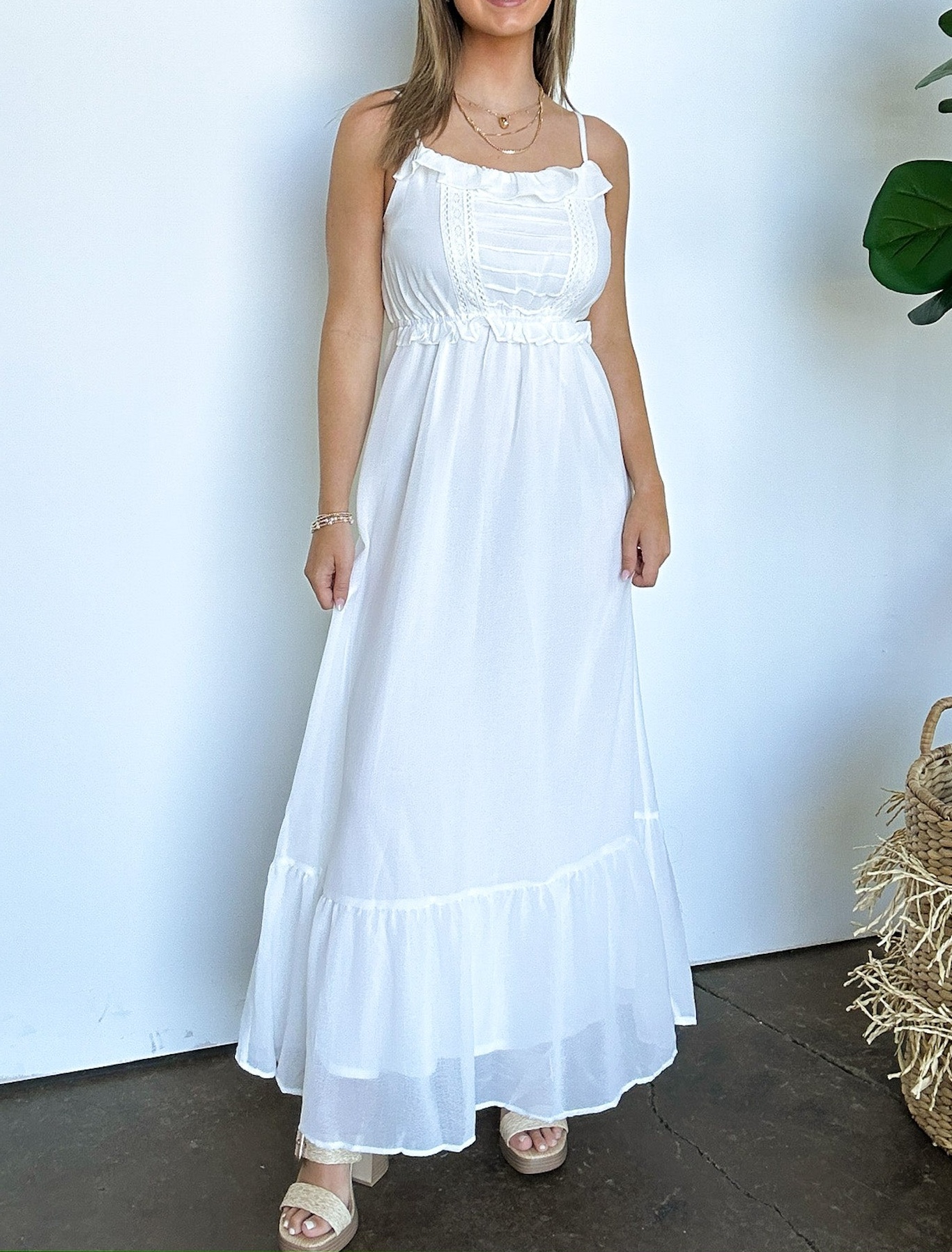 Sweetly Elevated Ruffle and Lace Detail Maxi Dress