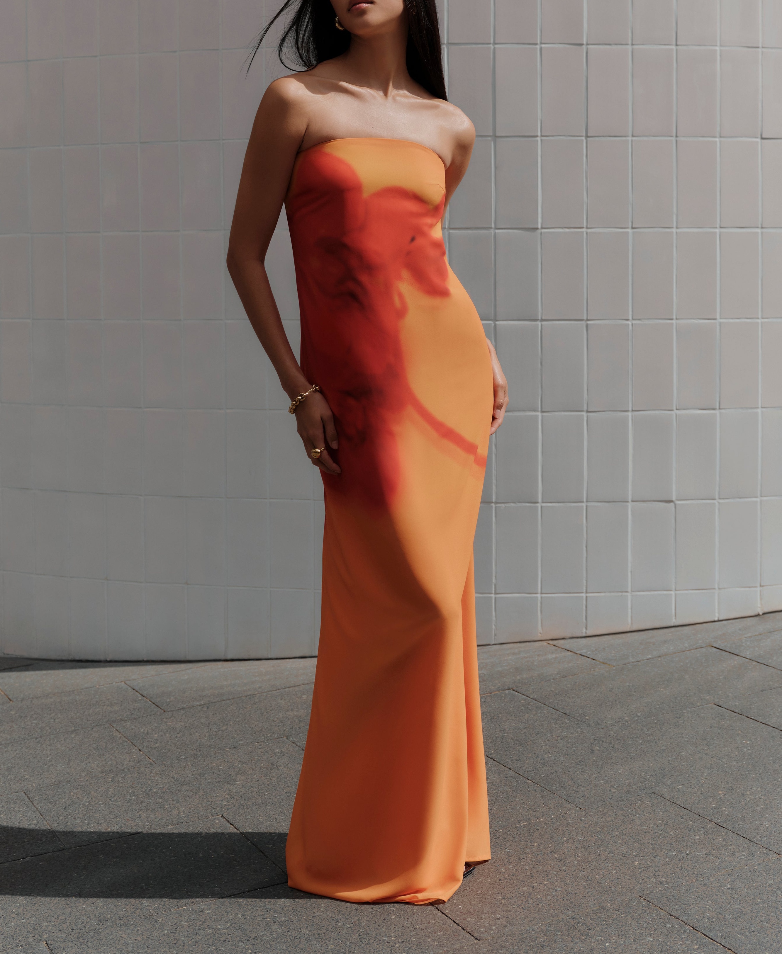 Print Strapless Chiffon Maxi Dress