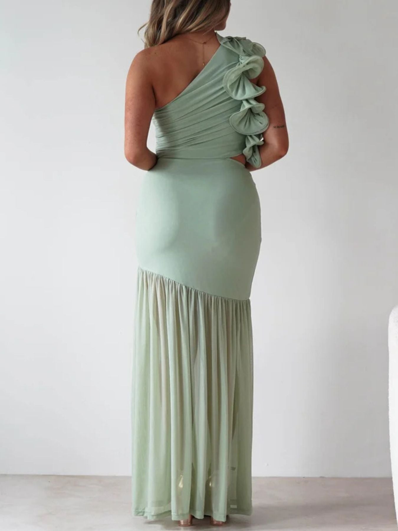 One-Shoulder Ruffle Trim Maxi Dress