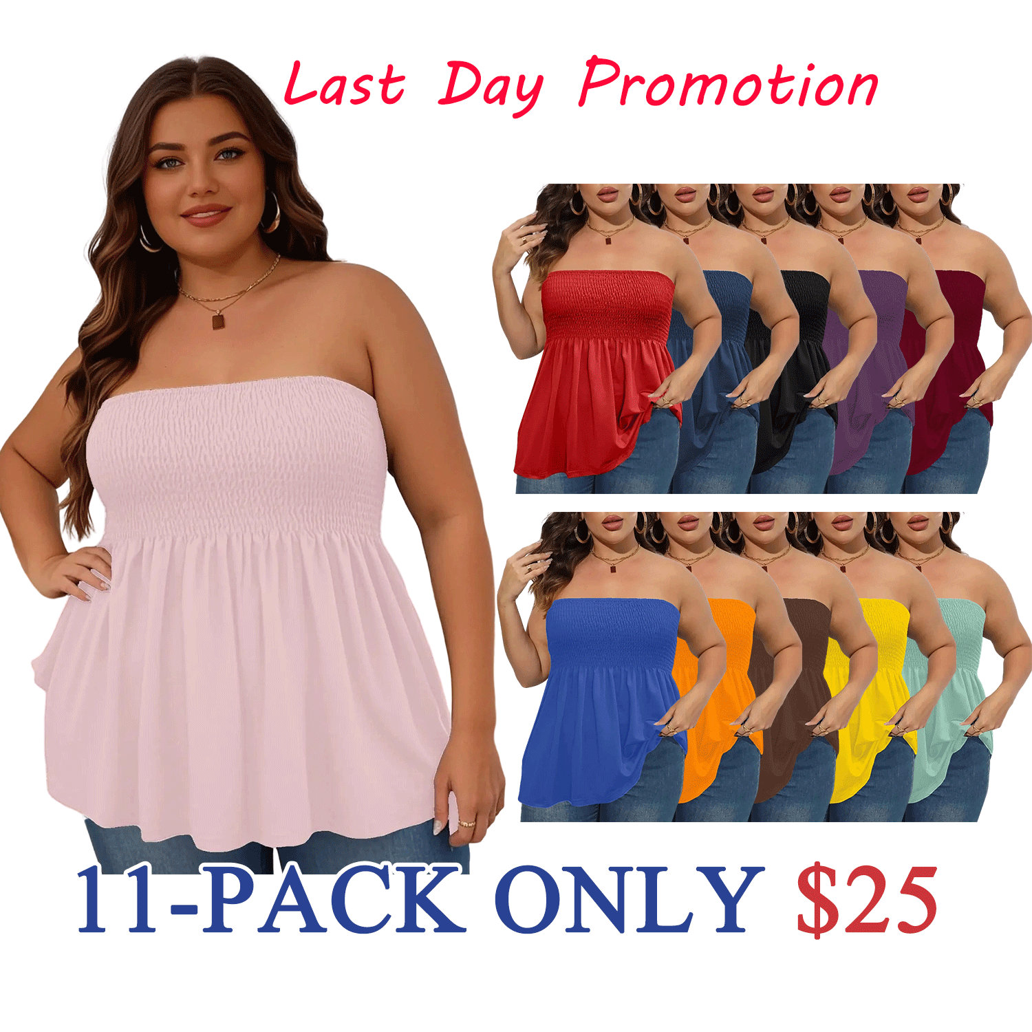 👚 Plus Size Shirred Strapless Tube Top – Ruffle Hem Boho Style