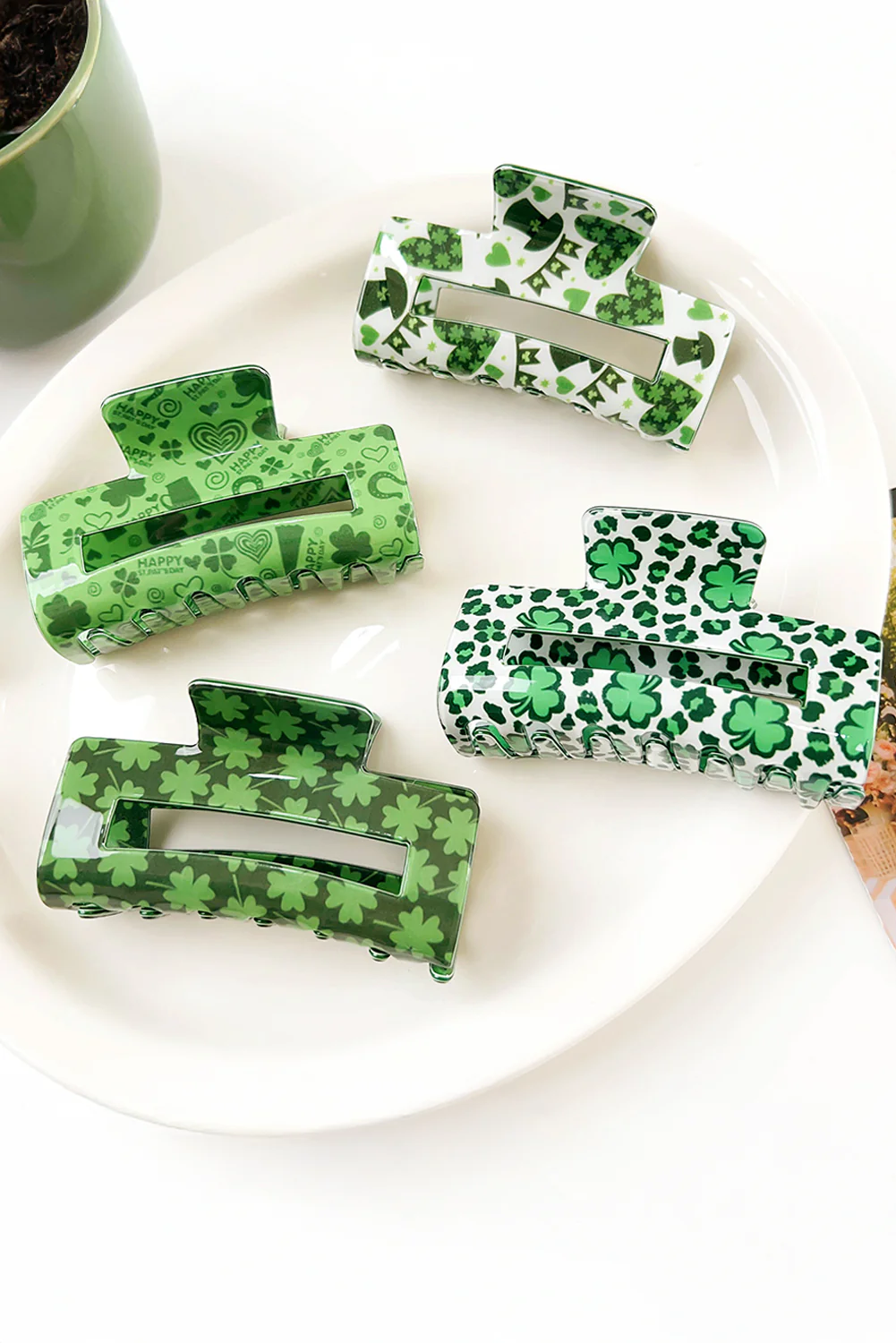 Grass Green St Patricks Clover Print Hollow Out Square Hair Clip