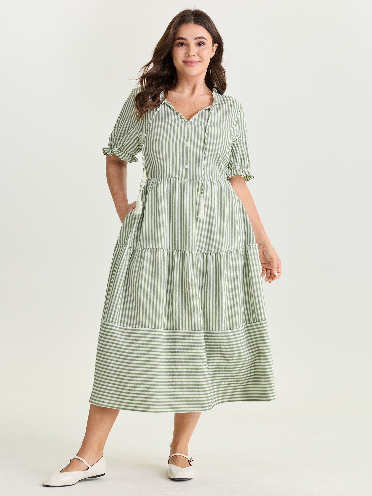 Striped Print Drawstring Tiered Maxi Dress