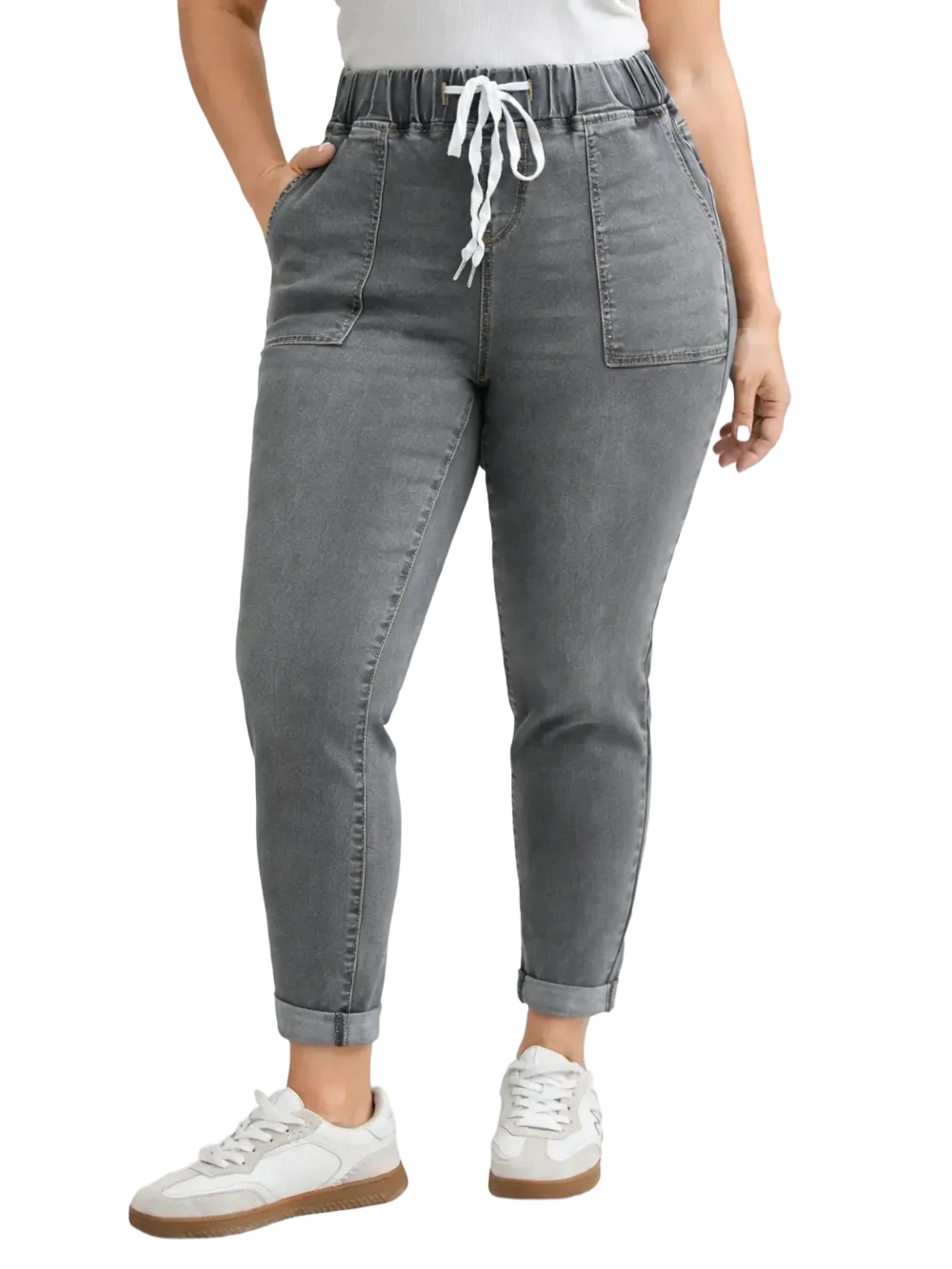 2026 Drawstring Elastic Waist Roll Hem Jeans