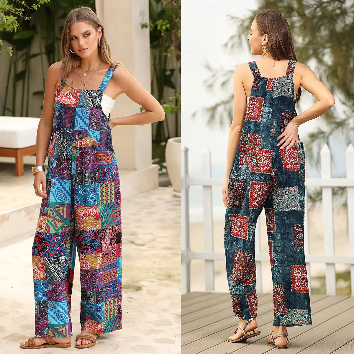 Tanming Women's Patchwork Dual Pocket Jumpsuit Loose Floral Print Bohemian Wide Leg Bib Overall Springfresh