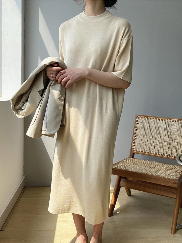 Solid Color Split-Joint Loose Short Sleeves Round-neck Sweater Dresses Midi Dresses