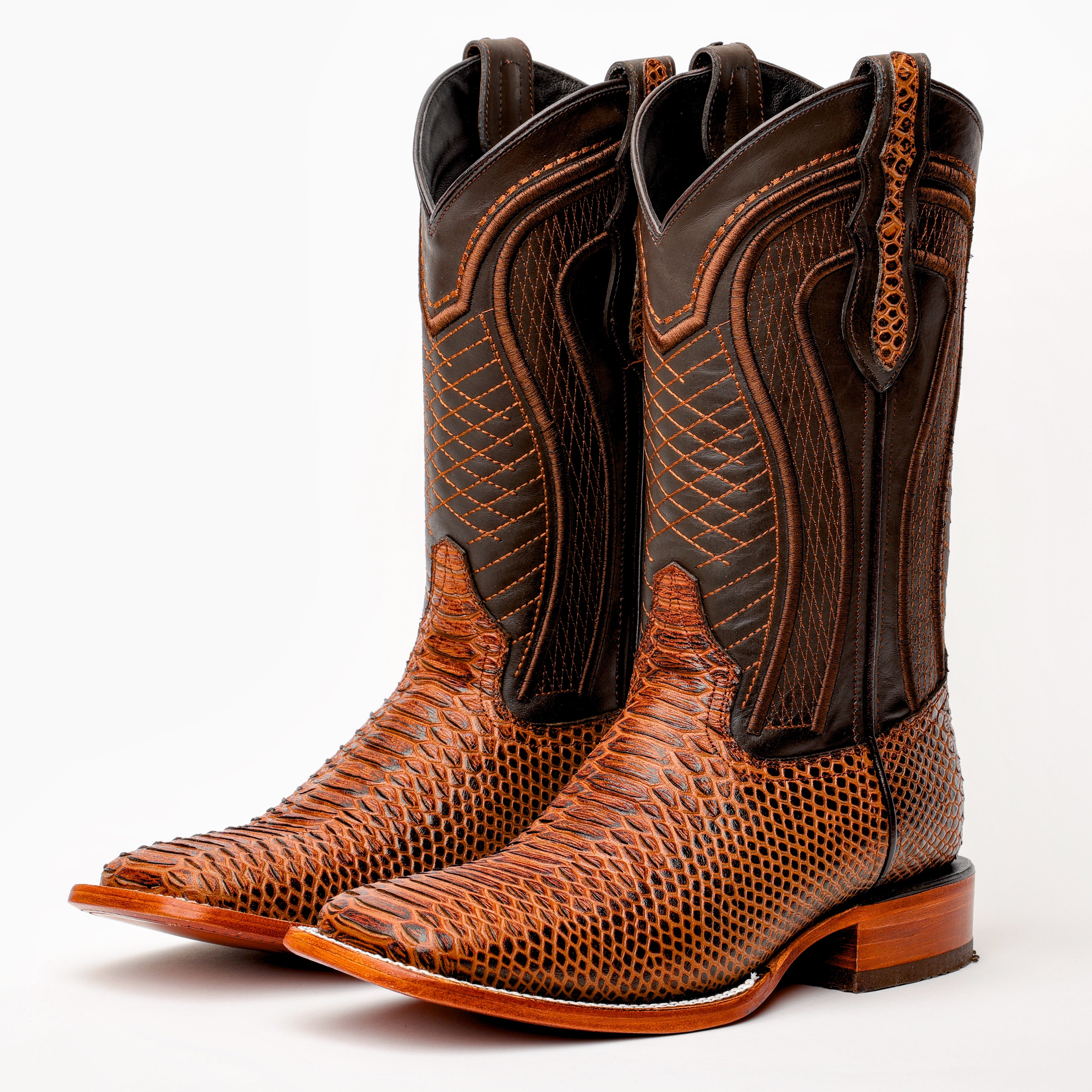 Cognac Python Leather Boots -Square Toe
