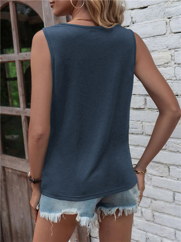 Hollow Knot Pleated Solid Color Sleeveless Round-Neck Vest Top