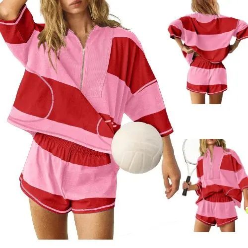 Women Striped Workout Set Two Piece Outfit Tracksuit Oversized Lounge Set