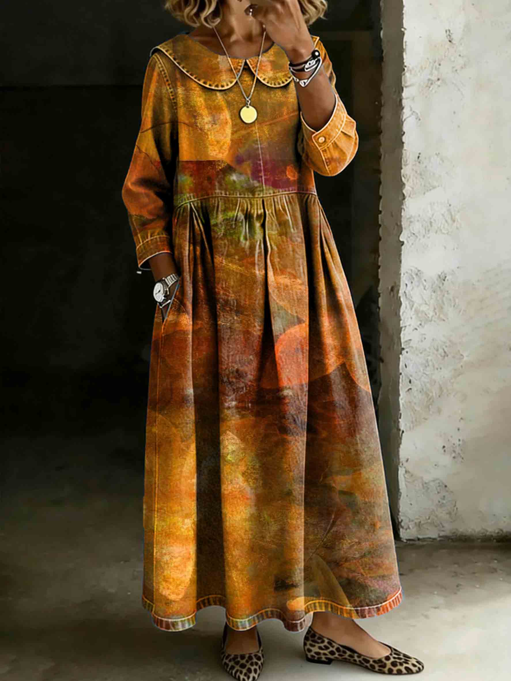 Women's Vintage Maple Leaf Art Print Lapel Collar Pleated Long Sleeve Casual Loose Denim Dress