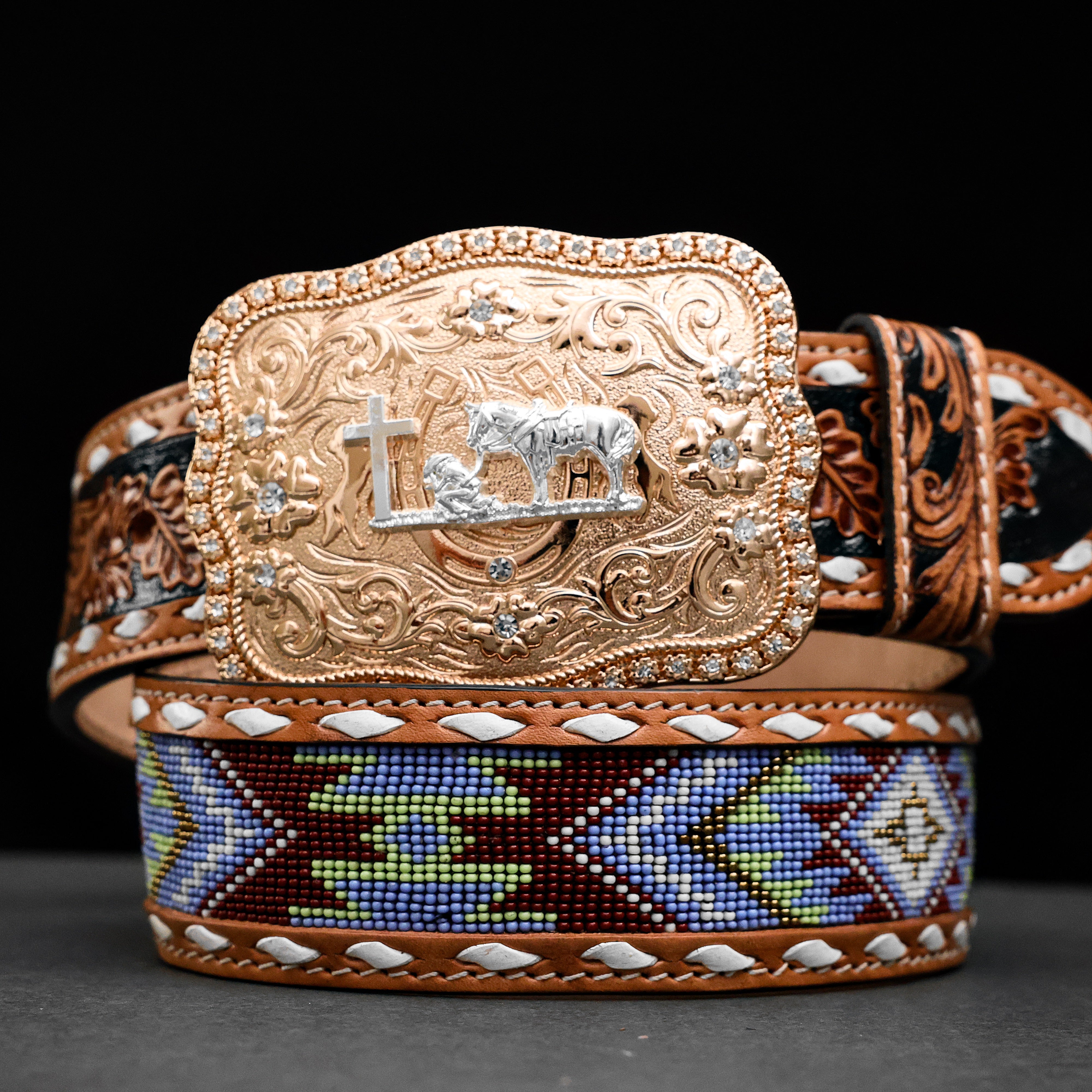 2 Inch Hand-Tooled Artesanal Beaded Leather Belt