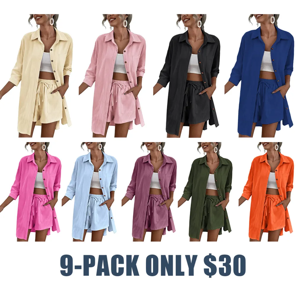 2025 Women's Linen 2-Piece Lounge Set – High-Low Shirt & Drawstring Shorts