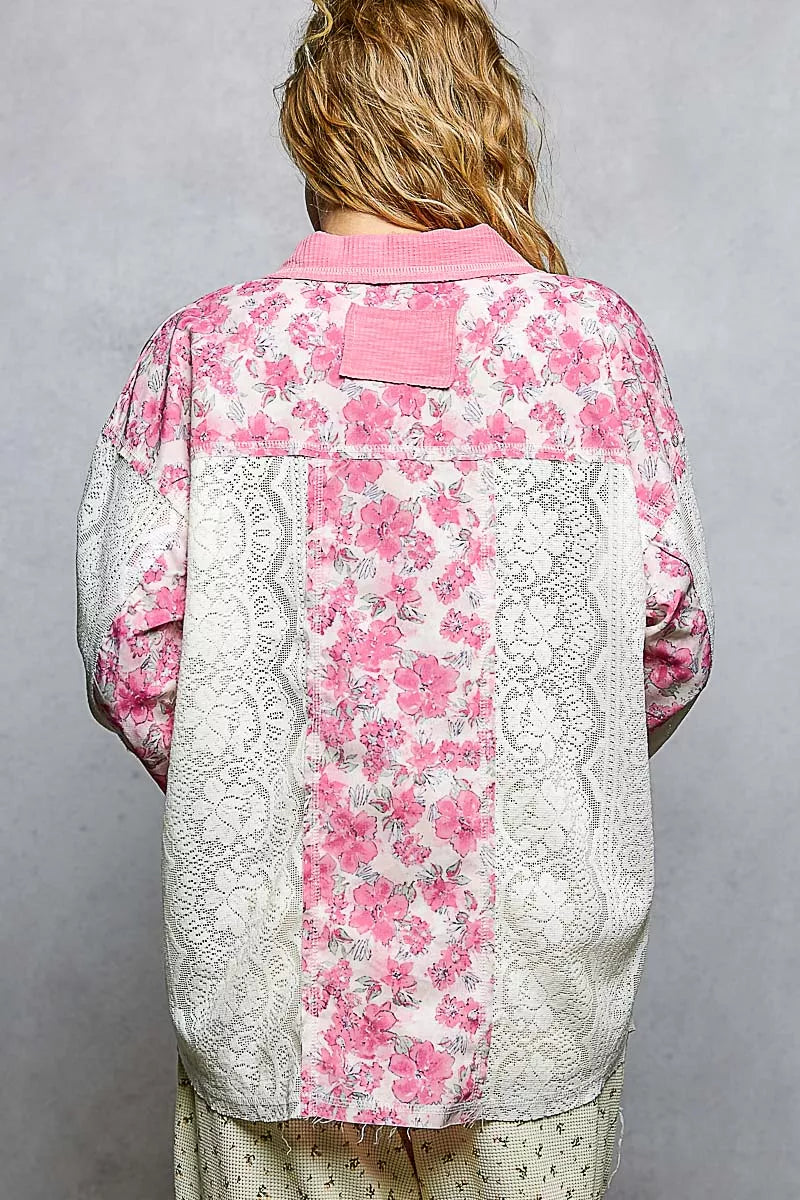 POL Floral Print Long Sleeve Lace Shirt with Front Pocket
