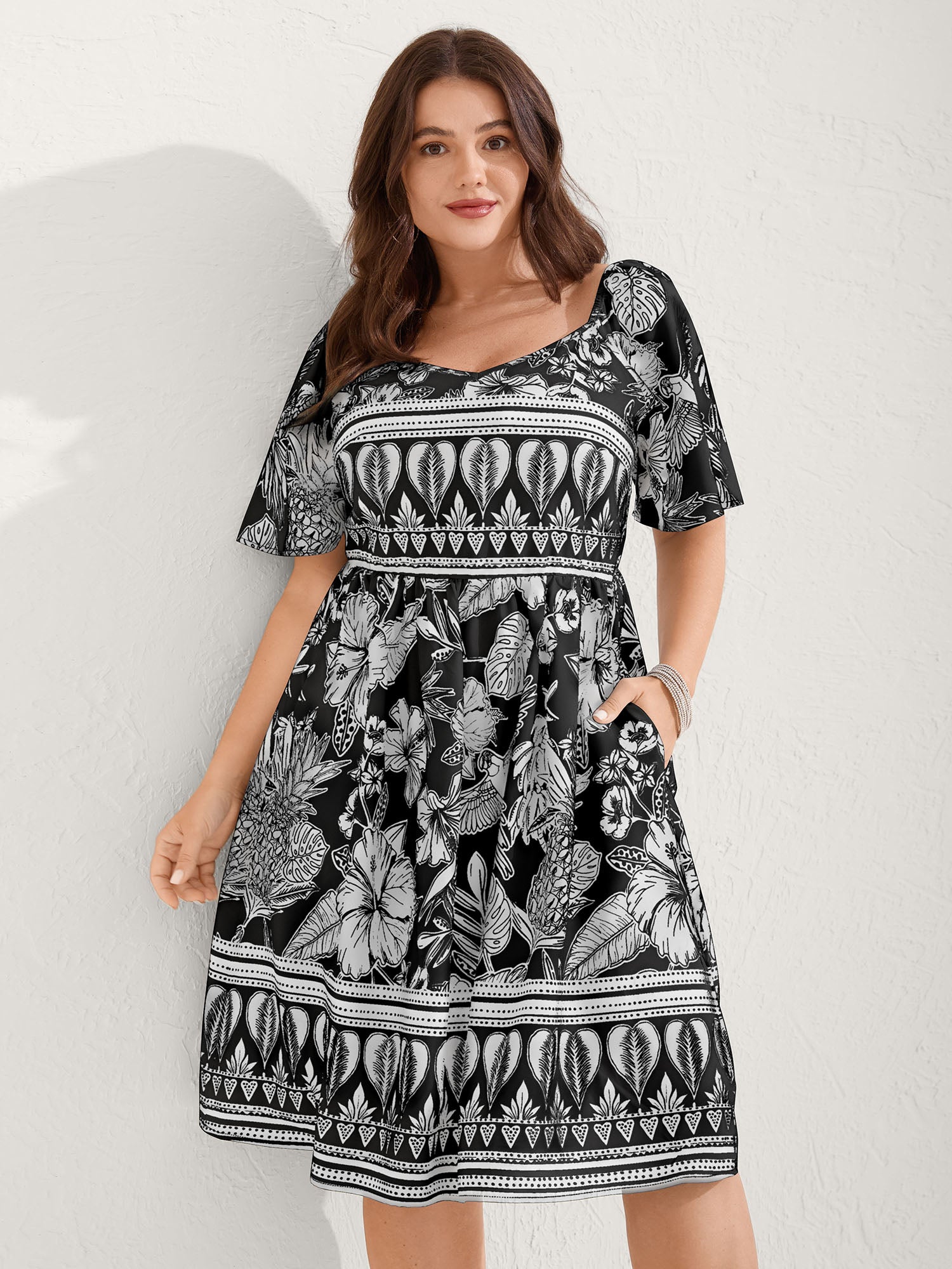 Boho Print Fit Flare Pockets Mini Dress