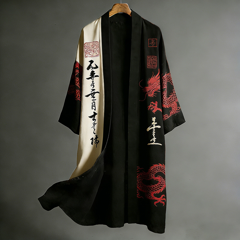Retro Japanese Dragon Art Flowing Black And Red Contrasting Linen Long Kimono