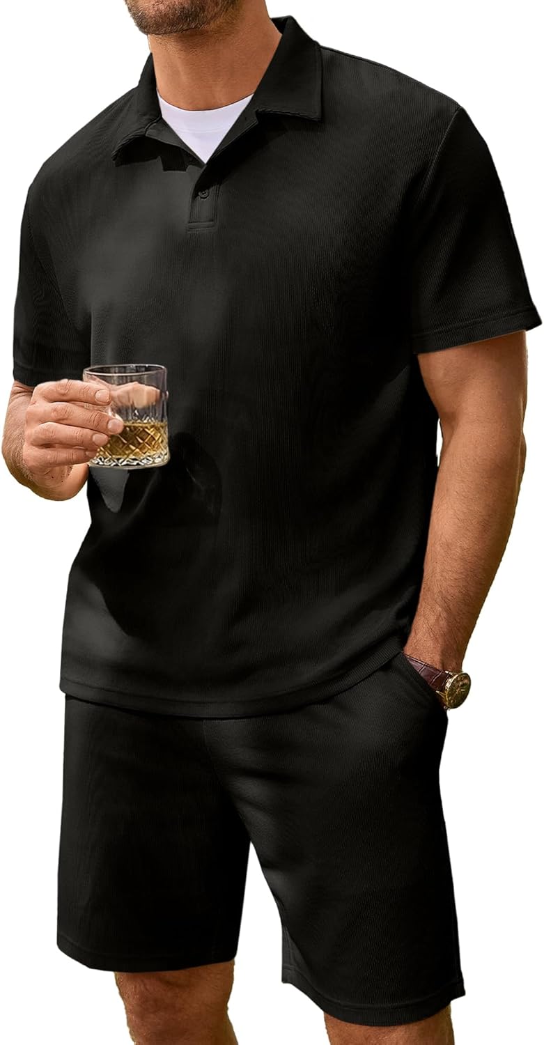 Men's 2 Pieces Outfits Casual Knit Ribbed Textured Button Down Short Sleeve Polo Shirt and Shorts Set