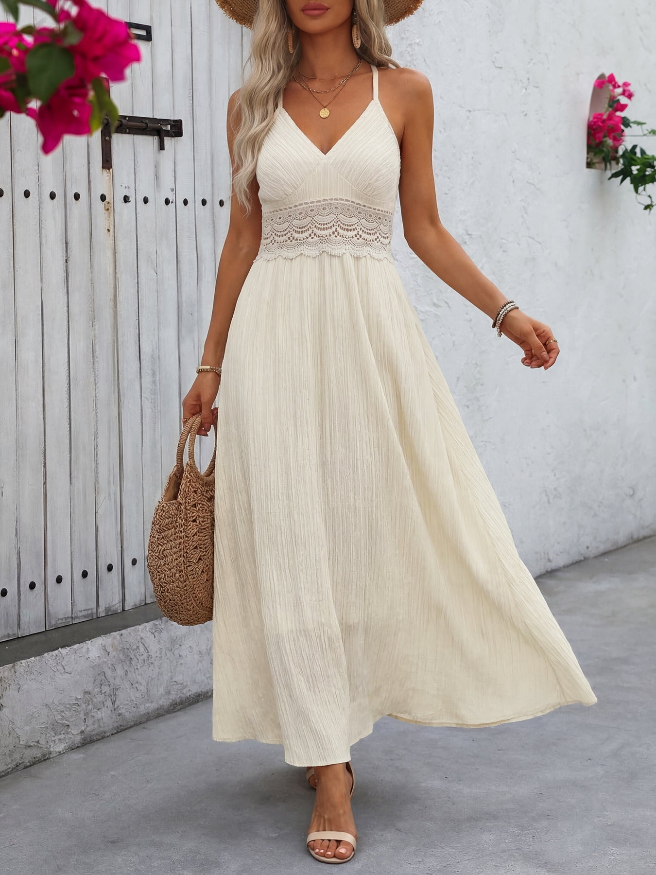 Lace Trim V-Neck Maxi Dress