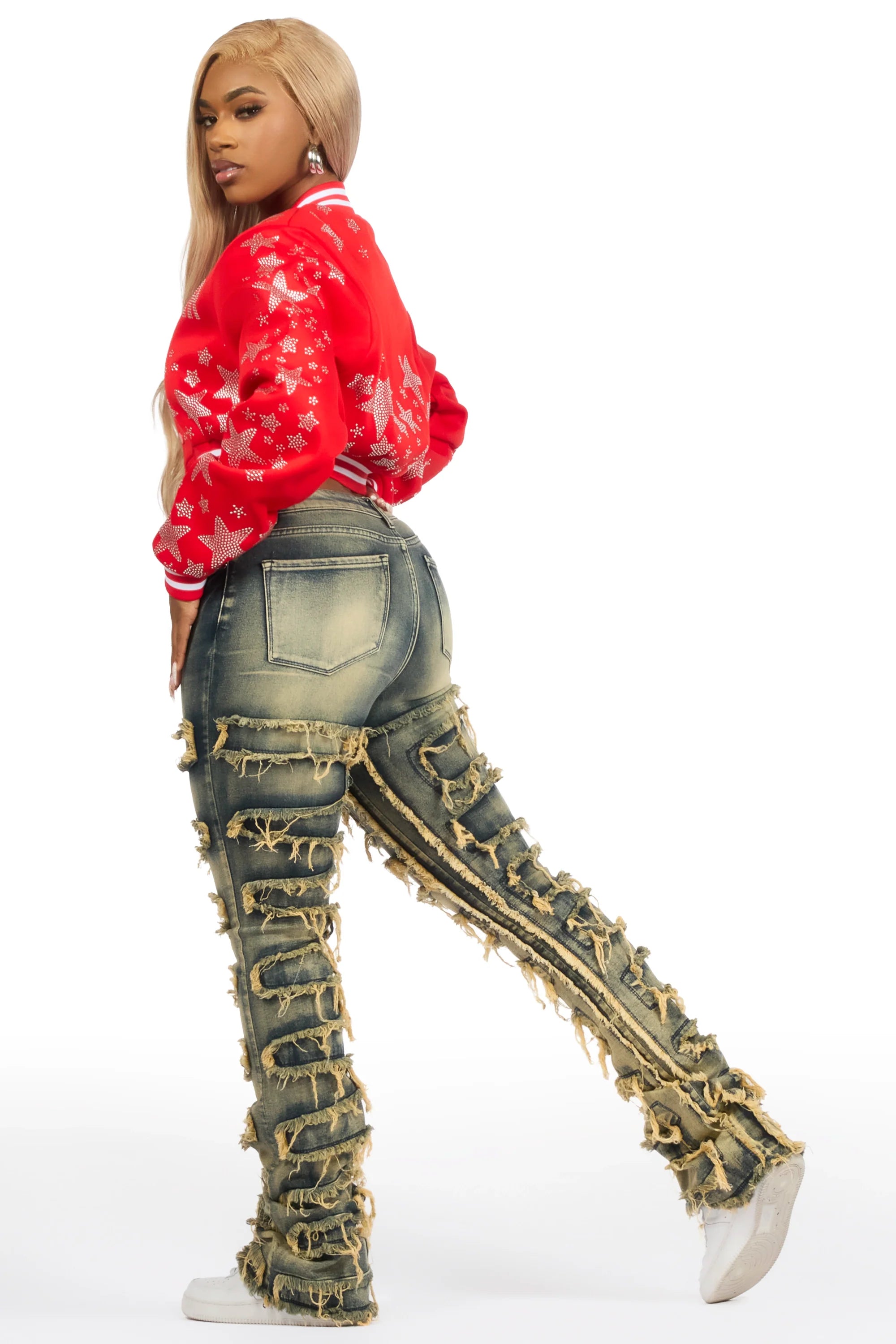 Shanda Red Crop Rhinestone Varsity Jacket