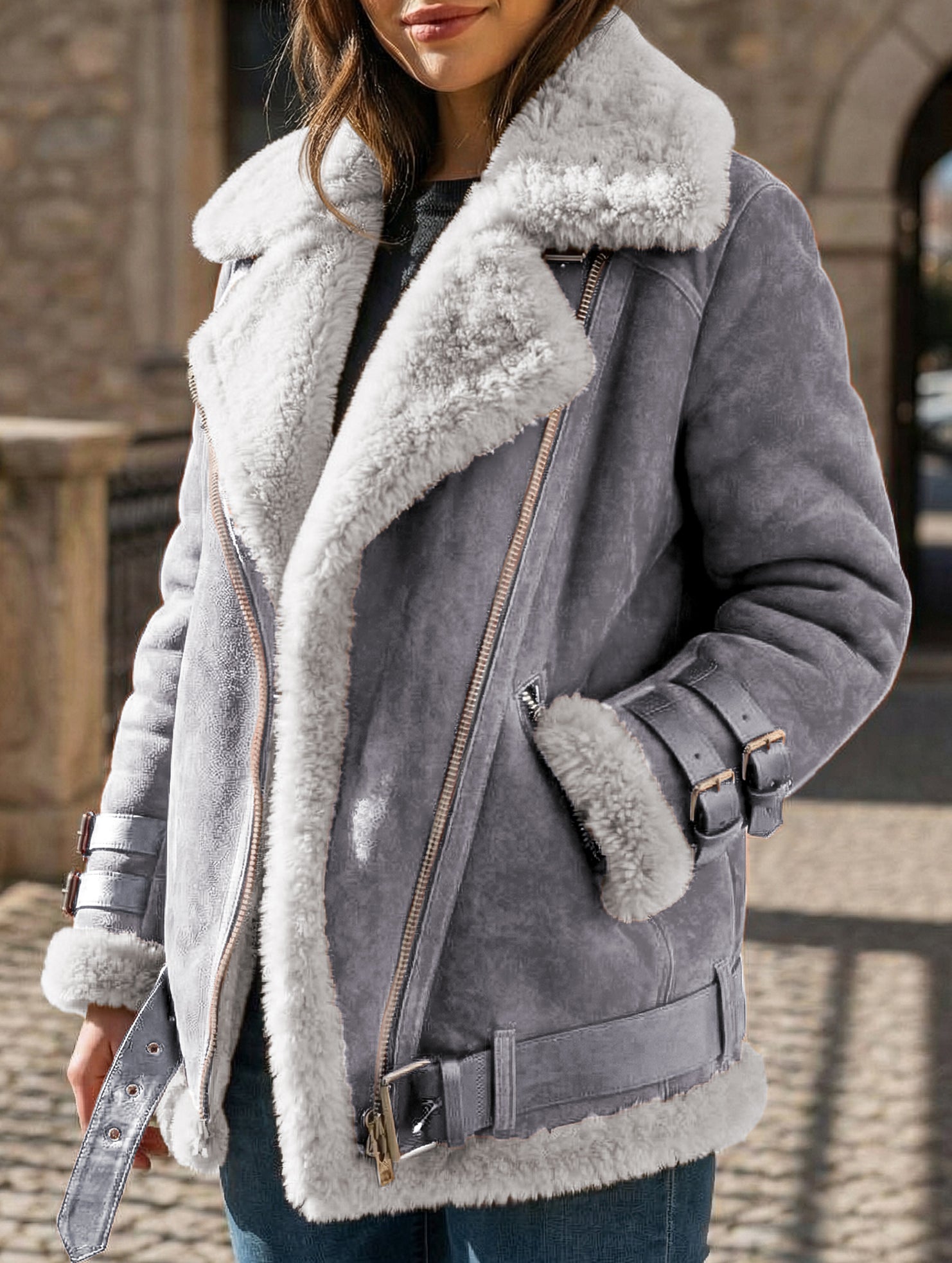 Simple and warm fur-lined cotton coat with lapel