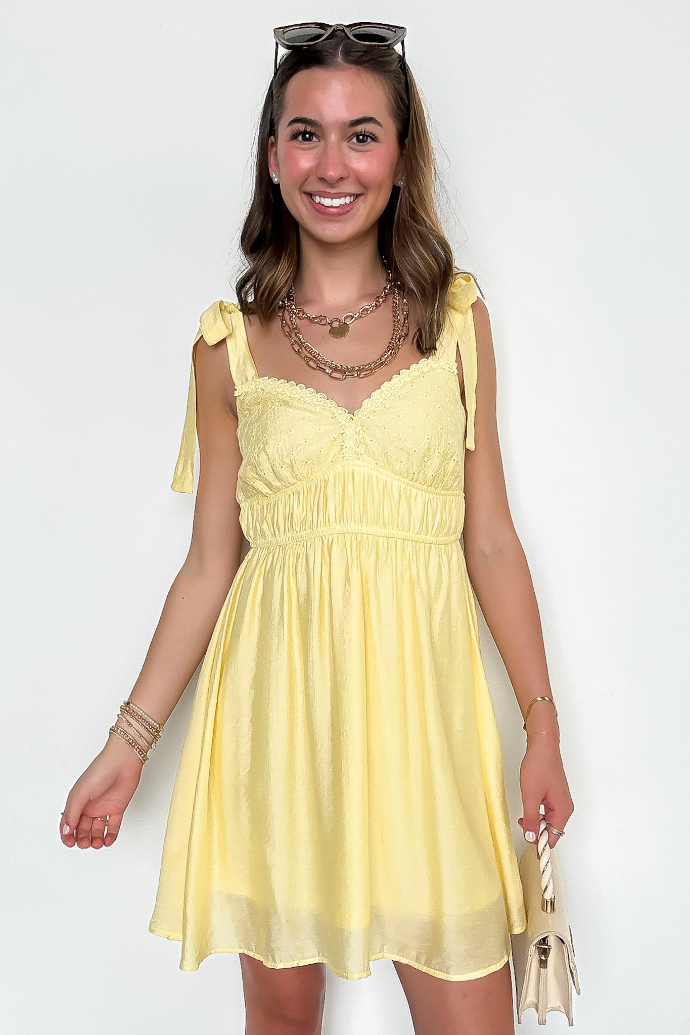 Eyelet Detail Lace Trim Tie Strap Dress